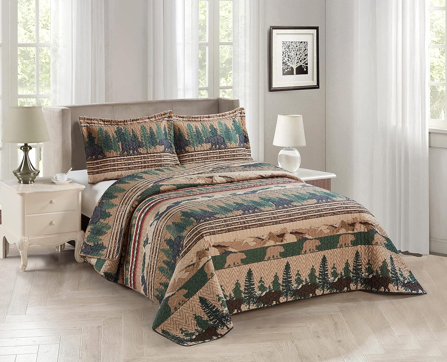 Azore Linen Rustic Quilt Stitched Cabin Bedspread Bedding Set in Beige Tan Brown and Green with Grizzly Bears and The Western Sequoia Backcountry - Sequoia (Twin)
