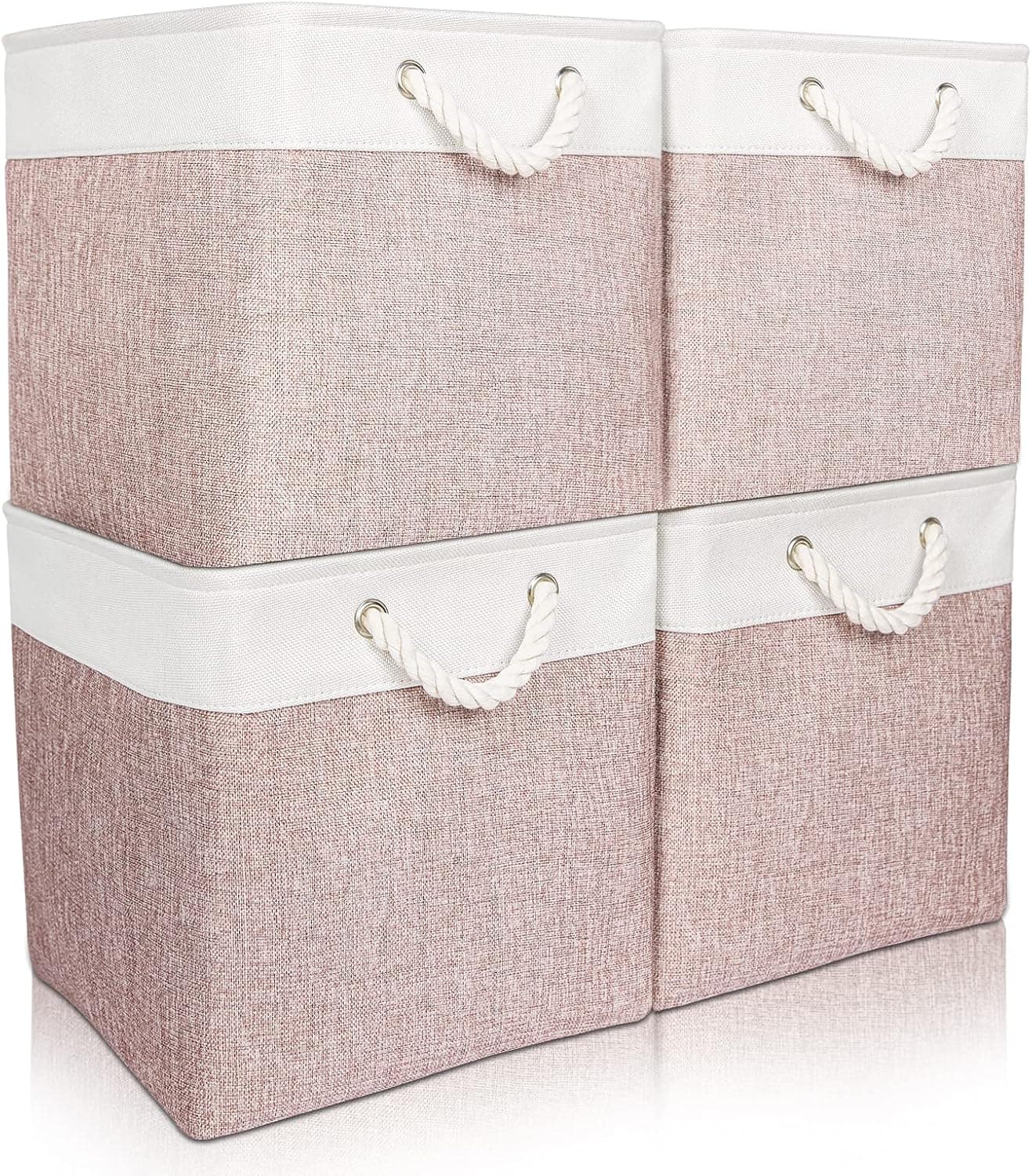 WANMEI Foldable Cube Storage Bins 13x13x13 IN 4 Pack Collapsible Sturdy Fabric Storage Basket with Cotton Rope Handles for Organizing Shelf Nursery Home Closet (White and Light Pink)