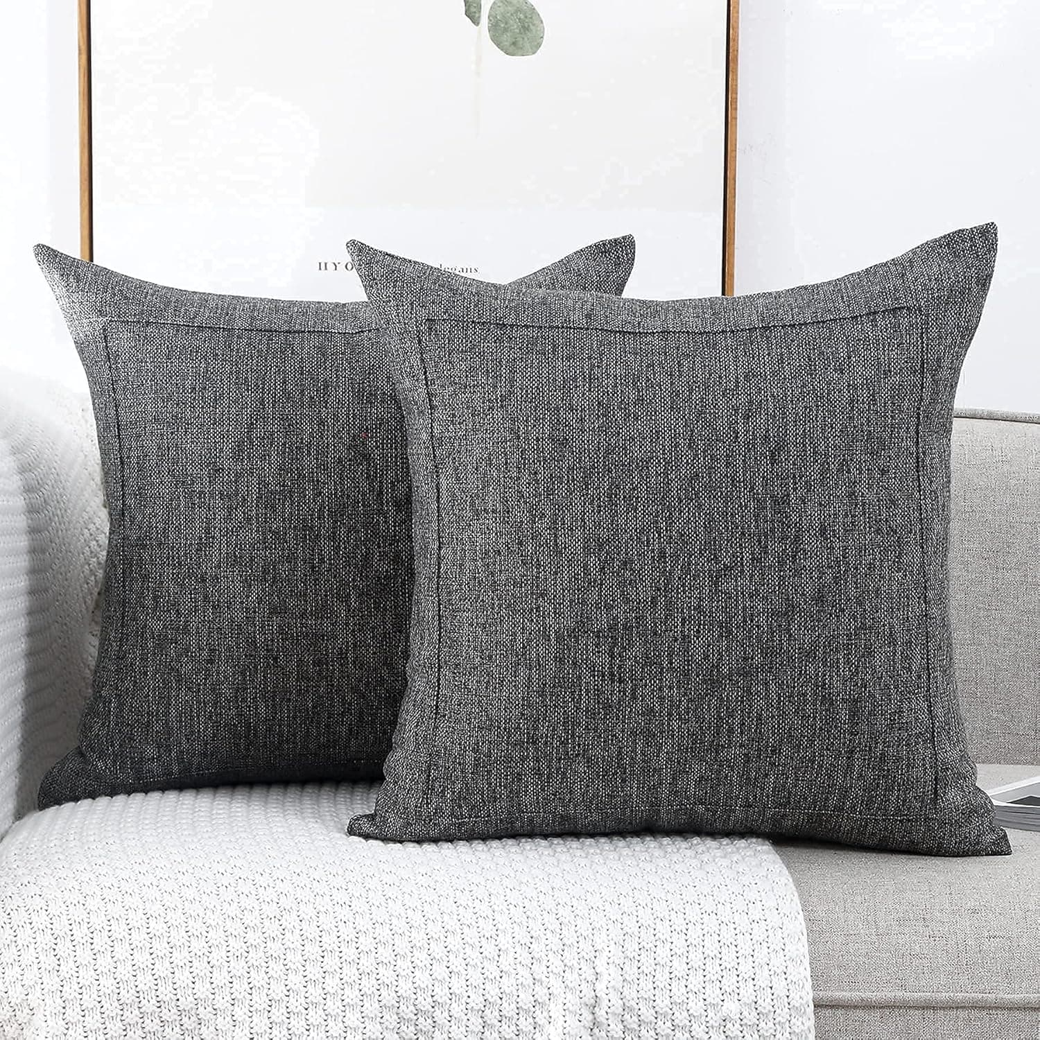 Jepeak Burlap Linen Throw Pillow Covers Cushion Cases Pack of 2 Farmhouse Modern Decorative Solid Square Pillow Covers for Sofa Livingroom Home Decoration (20 x 20 Inch, Charcoal Gray)