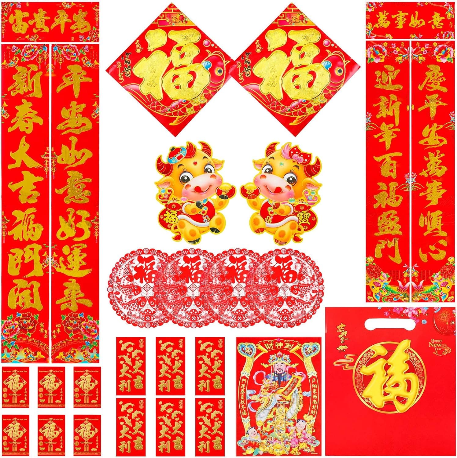 Chinese New Year 2021 Ox Stickers Spring Festival Scrolls Chinese New Year Couplet Lunar Chinese New Year Ox Sticker New Year Scrolls Spring Festival Couplets Fu Bag Lunar New Year Decorations Ox 2021