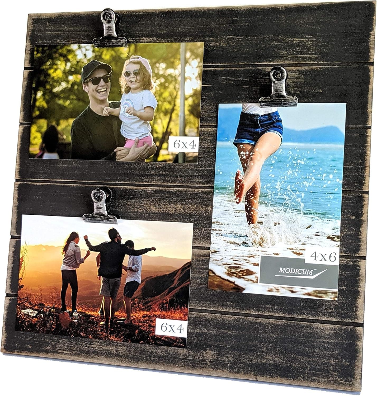 Modicum | Shiplap Photo Display Board - Picture Frame with Clips for 3 Photos (Three 4x6, or Two 4x6 with One 5x7), Easy Quick Change Photo Collage, Hang on Wall or Stand on Tabletop (Rustic Black)