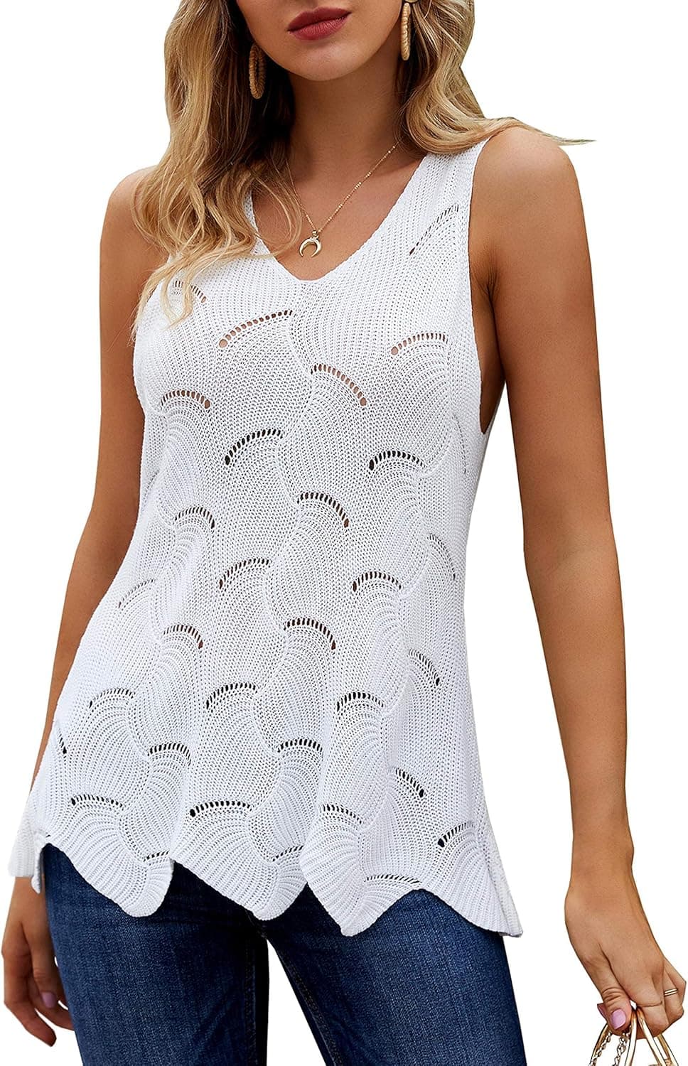 Ybenlow Womens Summer Knit Tank Tops V Neck Sleeveless Hollow Shirts Casual Loose Vest Blouse Tops White