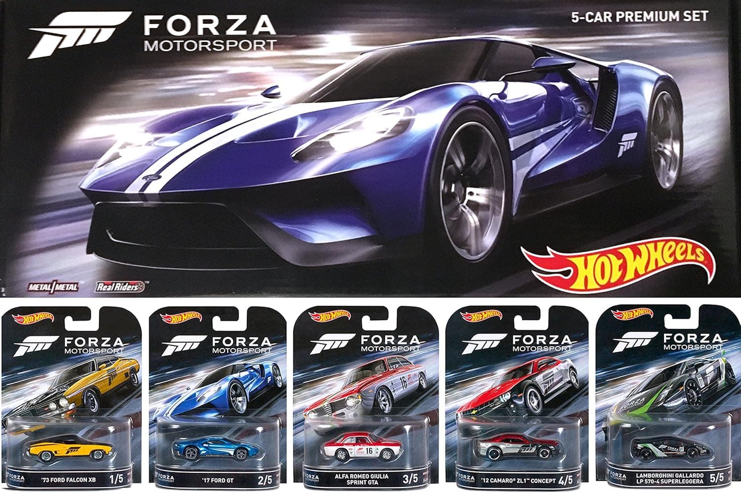 Hot Wheels 2016 FORZA Motorsport Retro Entertainment Series Box Premium Set - Lamborghini Gallardo / '17 Ford GT / Alfa Romeo Sprint GTA / Ford Falcon / Camaro ZL1 Real Riders