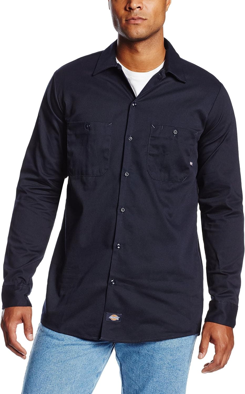 Dickies Occupational Workwear LL307NV Cotton Men's Long Sleeve Industrial Work Shirt, Navy Blue