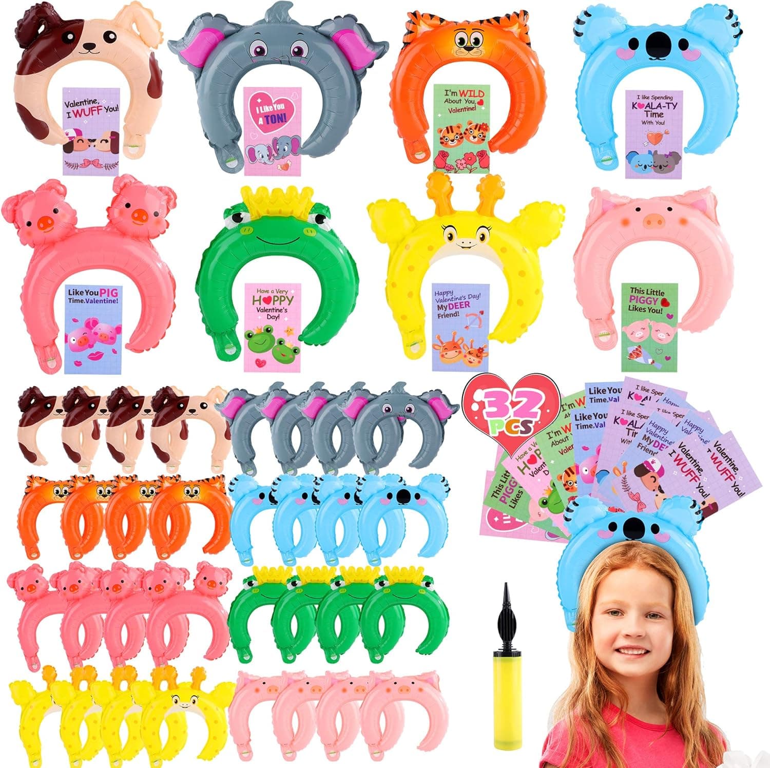 FiGoal Valentine’s Day Gifts for Kids Classroom 32 PCS Inflatable Animal Head Bands in 8 Designs and 32 Valentines Gift Cards For Kids Classroom Prize Valentines Gift Exchange Goodie Bags