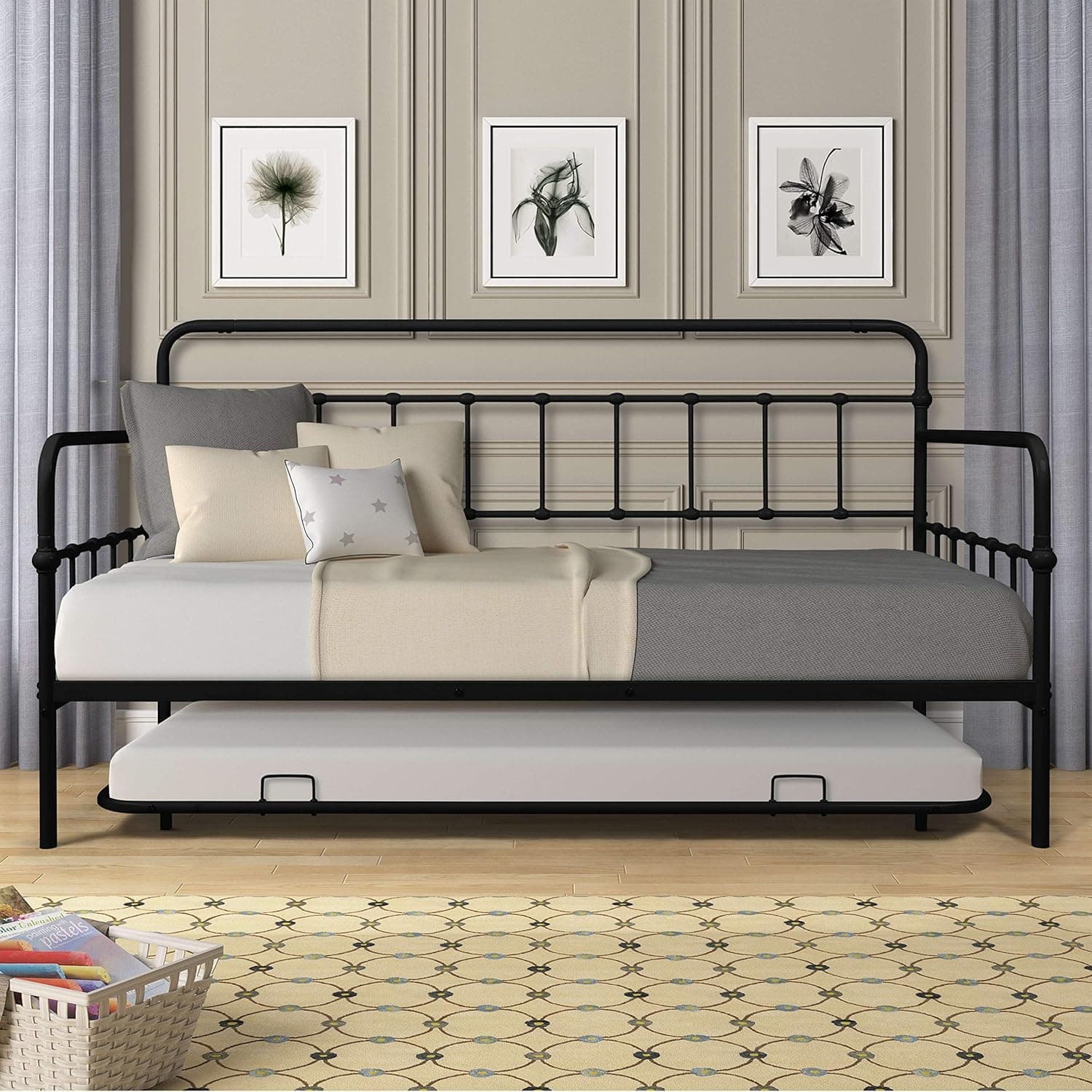 Lifeand Twin Size Metal Frame Daybed with Trundle,Heavy Duty Steel Slat Support Saving Space Bed Sofa,Bedroom Living Room Furniture for Guest,No Spring Box Needed Black