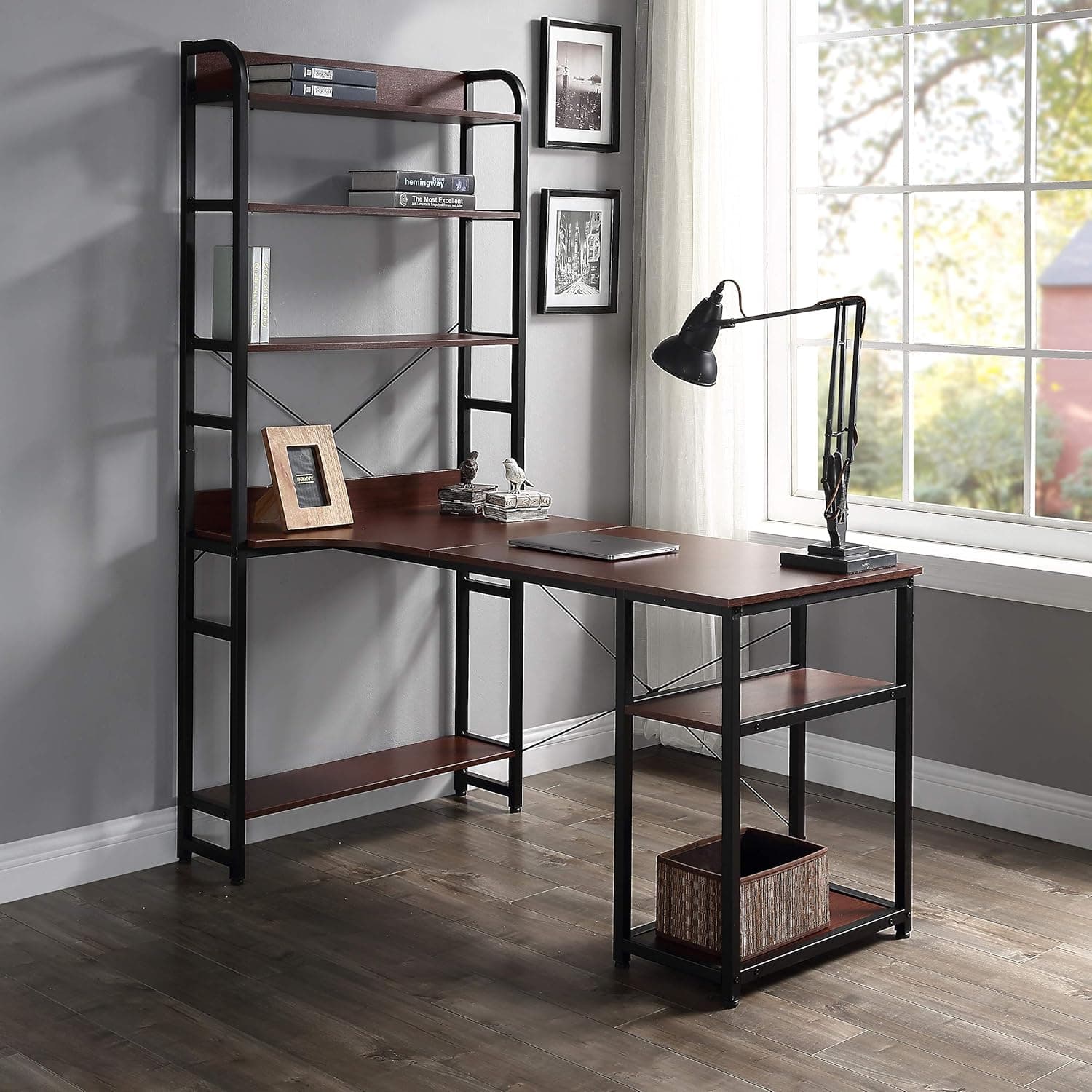 Modern Luxe L-Shaped Corner Computer Desk Style Writing Study Table with 4 Tier Bookshelves Home Office Desk, Large Gaming Desk, Multipurpose PC Workstation Perfect for Home Office