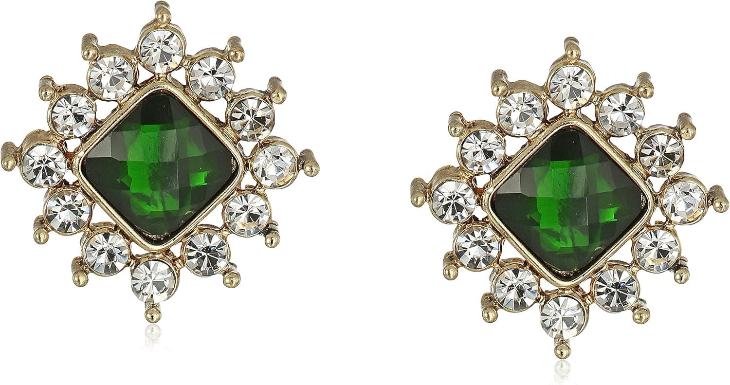 1928 Jewelry Gold-Tone Green Stone and Crystal Button Stud Earrings