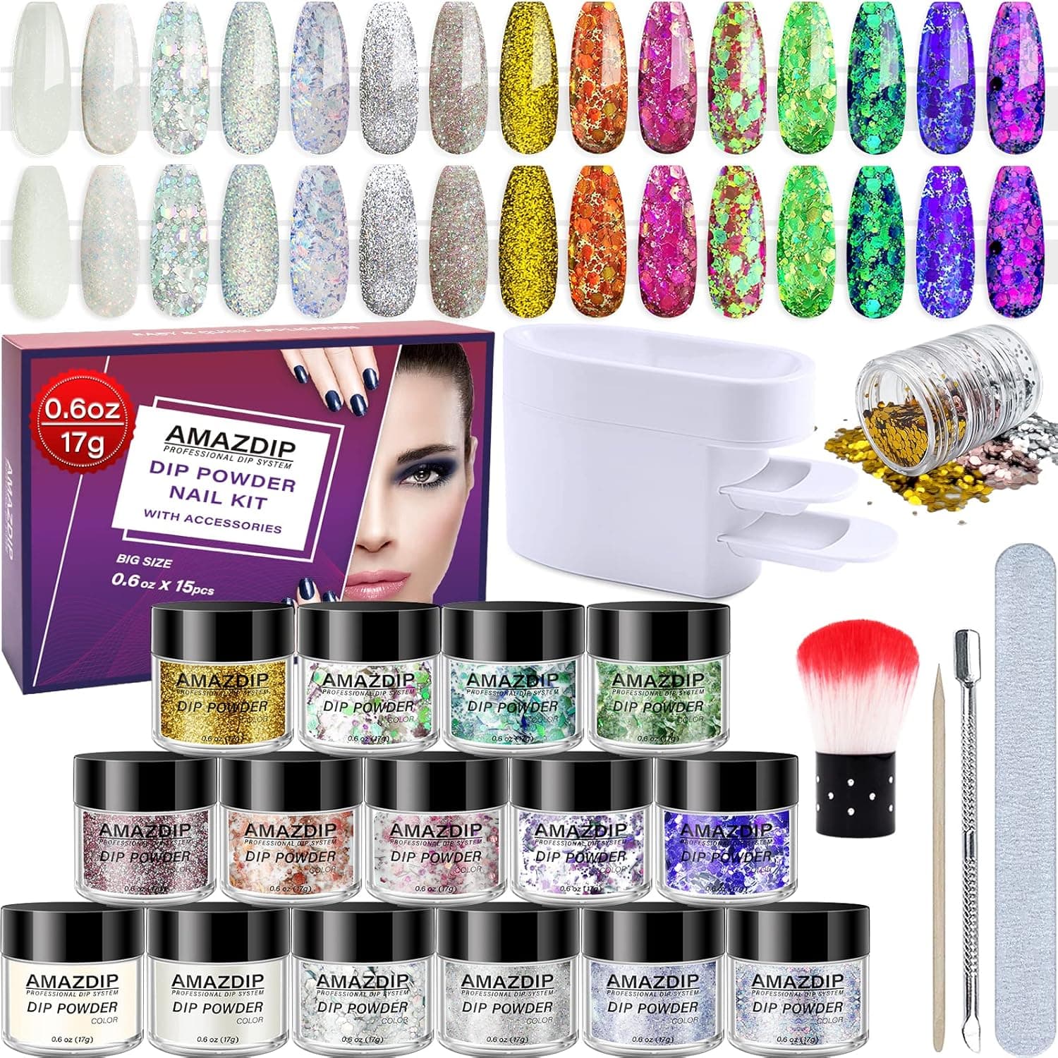 21pcs Nail Dip Powder Kit 15 Glitter Holographic Colors Collection, 17g/jar Dipping Powder System Accessories Set, Dip Powder Recycling Tray, Cleaning Brush, Nail File, Cuticle Pusher, Glitter Chunky Sequins