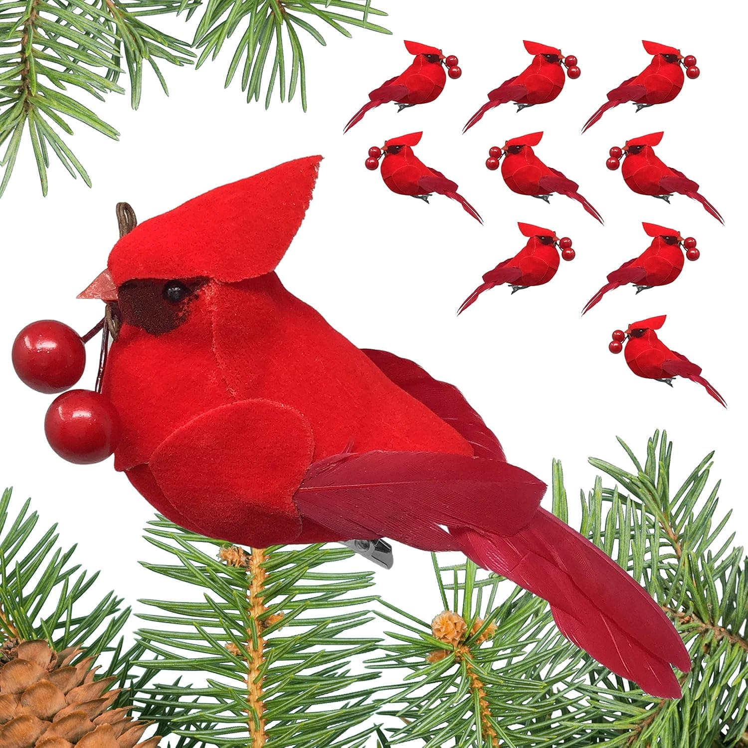 Cardinal Christmas Clip-On Ornaments Carrying Red Berries - Feathered Wings and Tails - Set of 10
