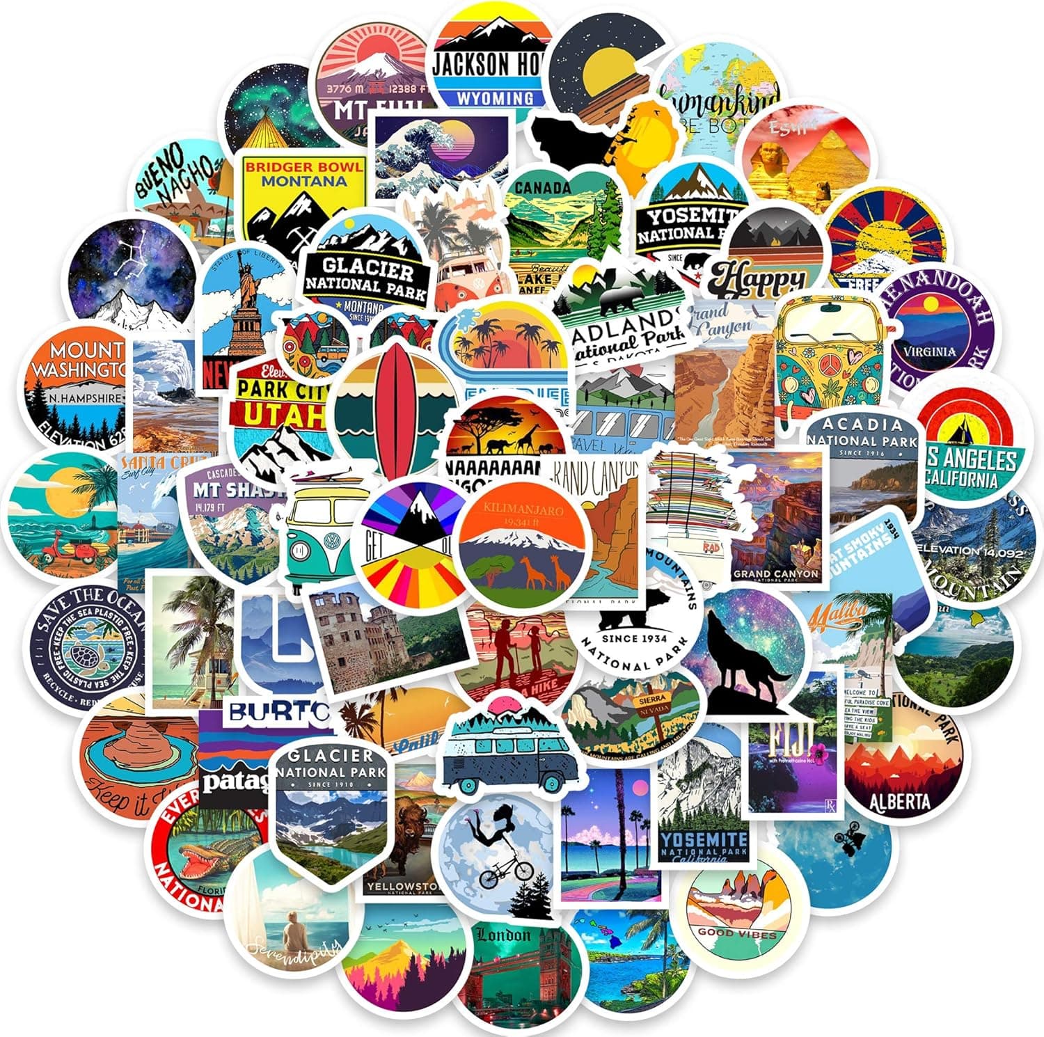 100 PCS World Landscape Outdoor Stickers for Laptop Vinyl Stickers Pack Decals for Waterbottle Moto Bicycle Skateboard Luggage Hydro Flask Decal Graffiti Phone Stickers for Adults Teens