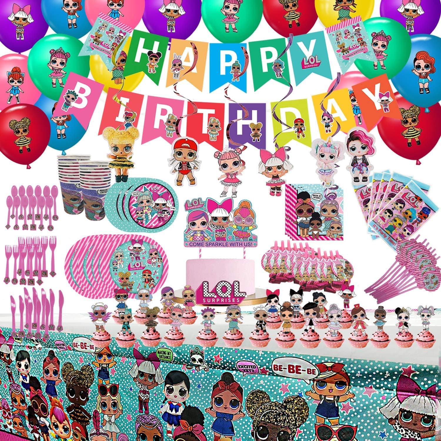 162Pcs L.O.L. Doll Party Favor Decorations Birthday Supplies, Spoons, Fork, Knife, Plates, Cups, Straws, Banner, Napkins, Balloon, Cake Toppers, Tablecloth Birthday Set for Kids Girl