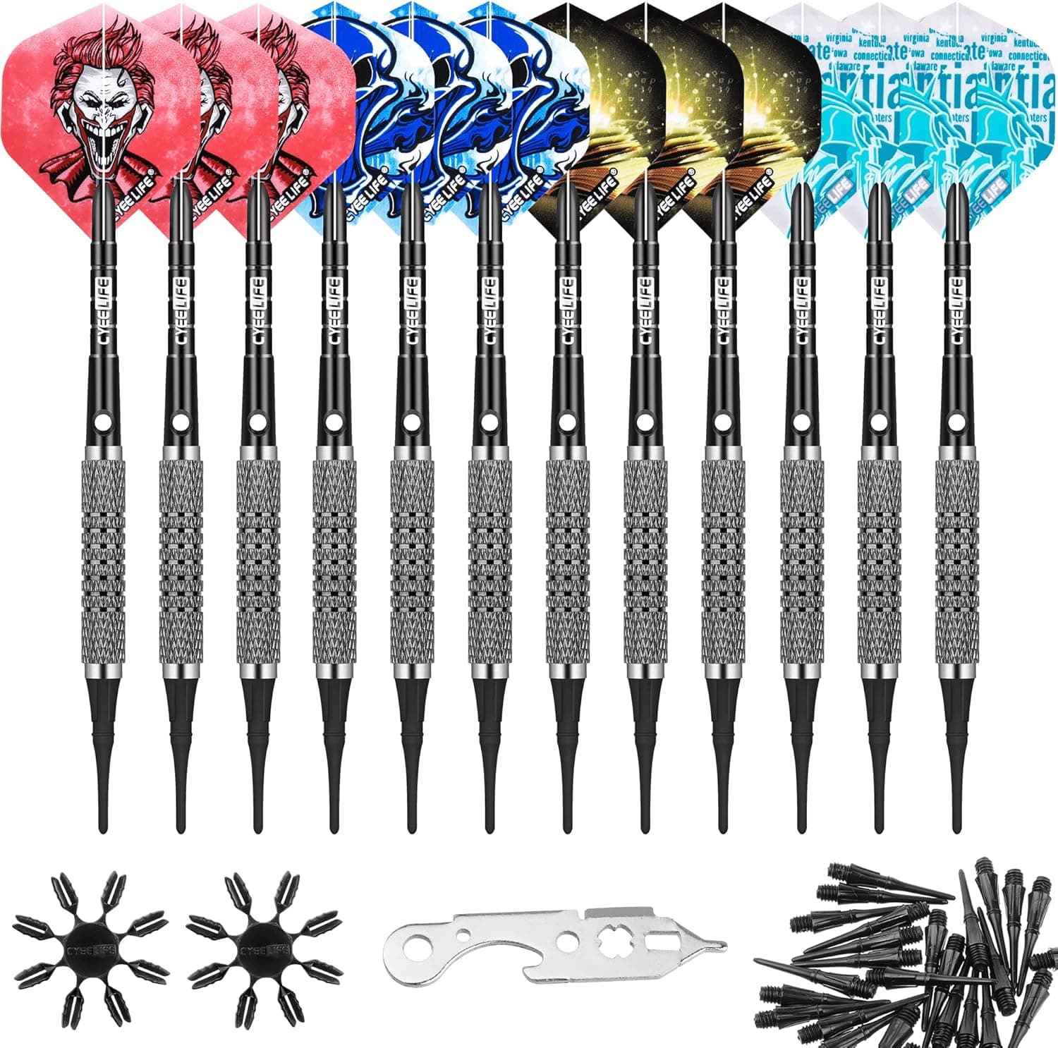CyeeLife Soft tip Darts Home Set+100Tips+Tool+24Flights+12 Aluminium shafts with Rubber Rings,Light House Plastic Dart