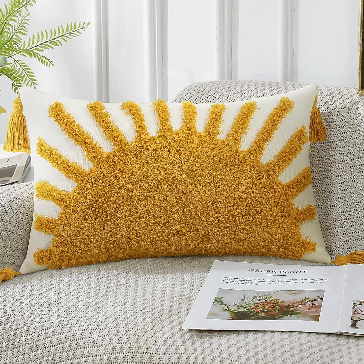Adabana Decorative Boho Throw Pillow Cover 12x20,Colorful Lumbar Pillow Cover Cotton Sun Tufted Pillows Case with Tassels for Couch Yellow White