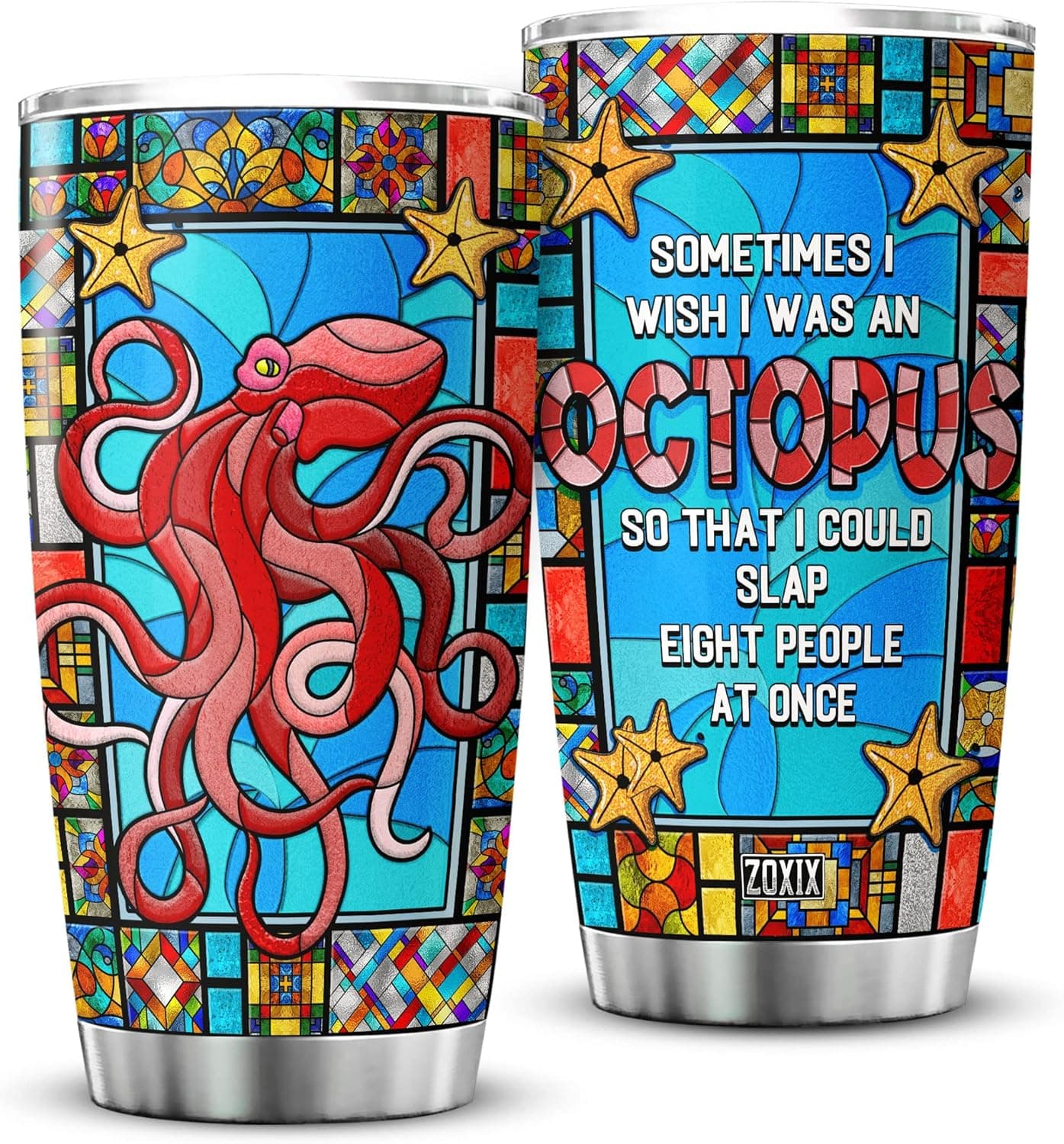 ZOXIX Octopus Tumbler Stained Glass Style I Wish I Was An Octopus Coffee Mug With Funny Saying Stainless Steel Tumblers With Sea Animal Print Cup Gag Gifts For Women Birthday