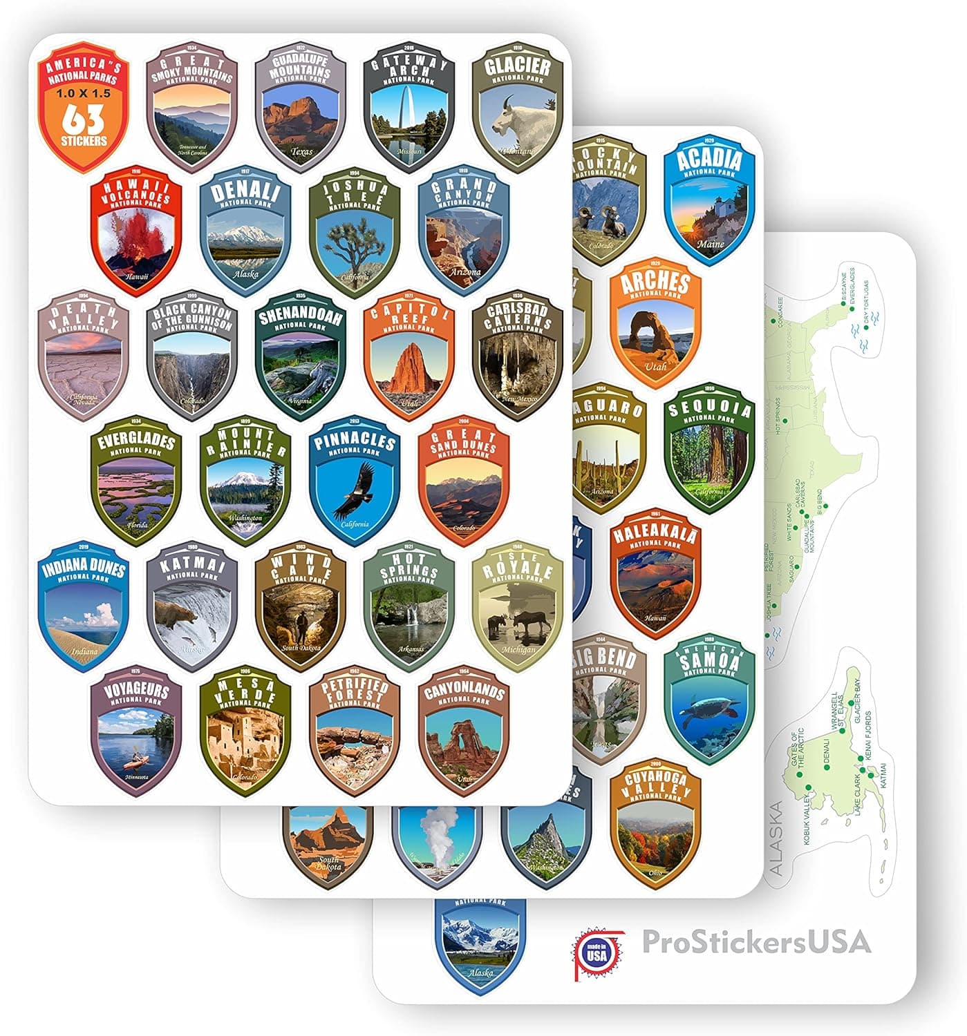 1 x 1.5 inch Collection 63 Stickers Set All National Parks USA Complete Collection Shield N.P. Passport Colors Vinyl Stickers. Map of US National Parks.