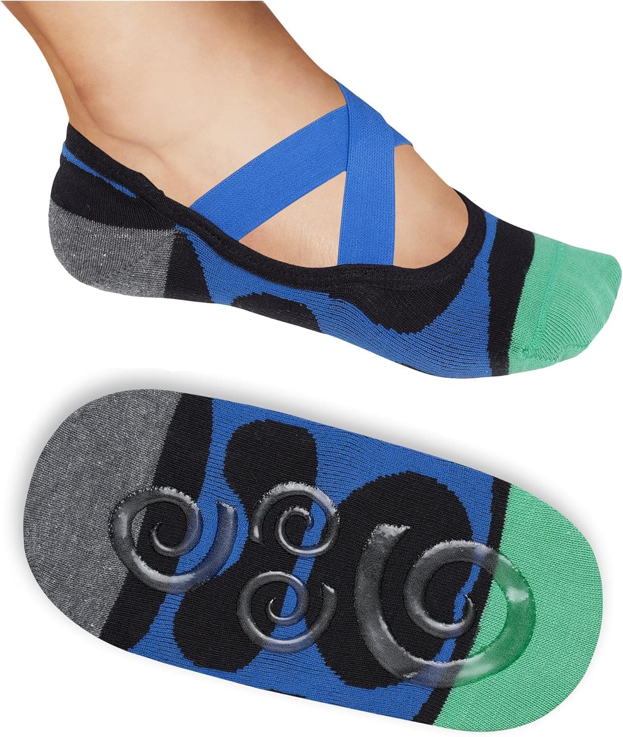 Lupo Women's Heel N Toe Yoga Barre Pilates Grip Socks, Large Blue Black