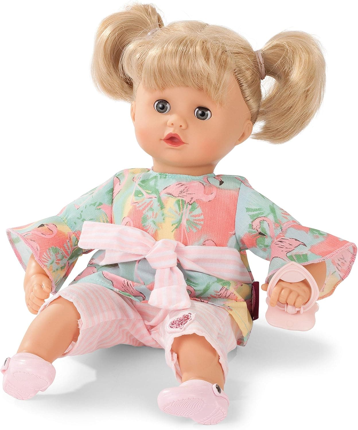 Gotz Muffin Flamingo Love - 13" Soft Baby Doll with Blonde Hair (Pigtails & Bangs) to Wash & Style and Blue Sleeping Eyes