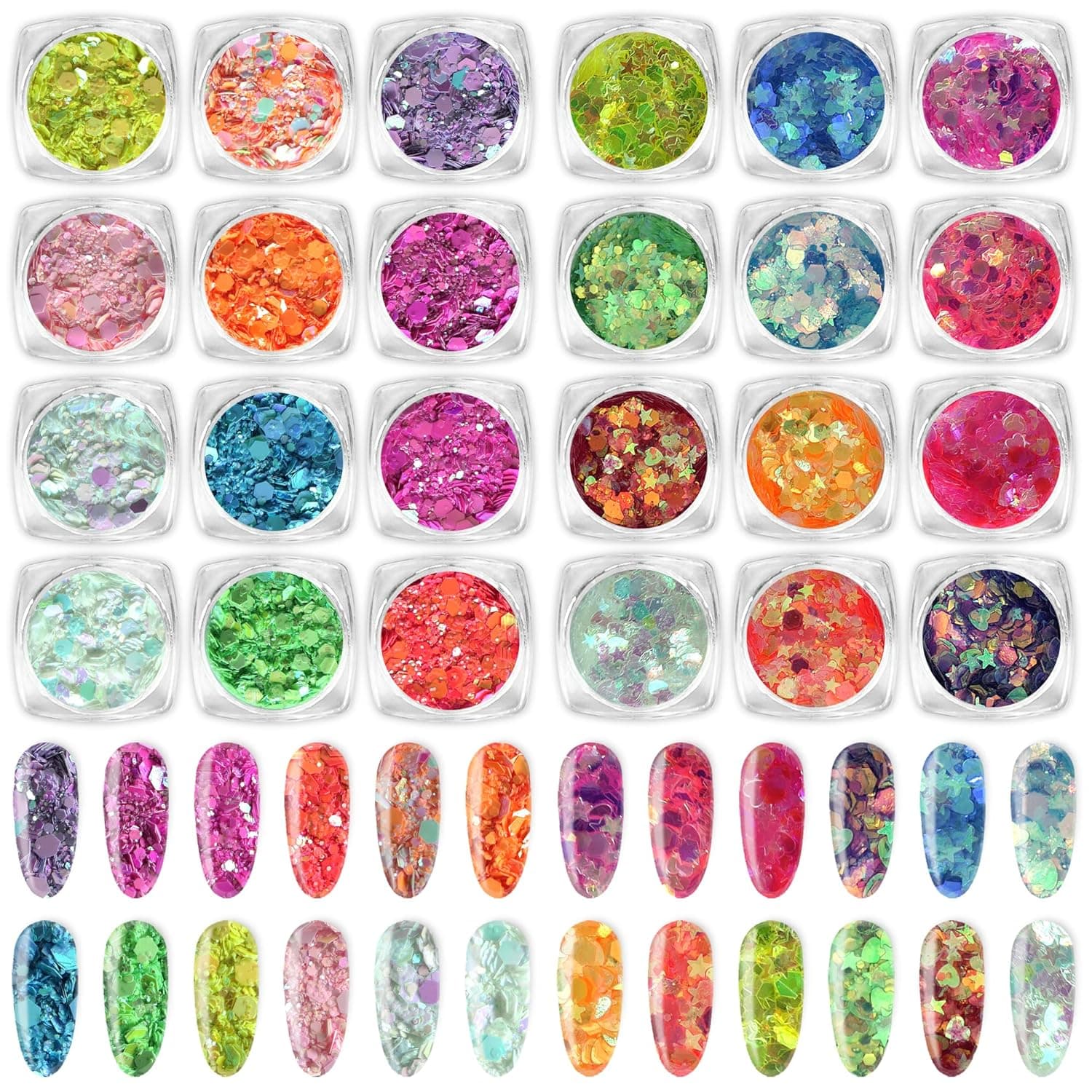 AddFavor 24 Colors Iridescent Glitter Chunky Nail Glitter Flakes Fluorescent Neon Sequins for Nail Art/Face/Body/Craft Project (Iridescent AB Colors)