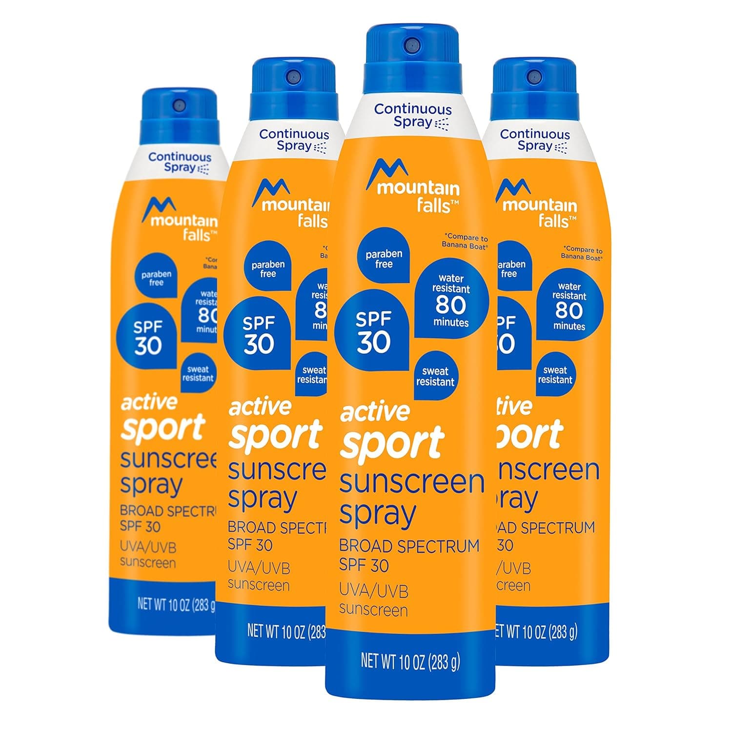 Mountain Falls Active Sport Sunscreen Continuous Spray, SPF 30 Broad Spectrum UVA/UVB Protection, 10 Fluid Ounce (Pack of 4)