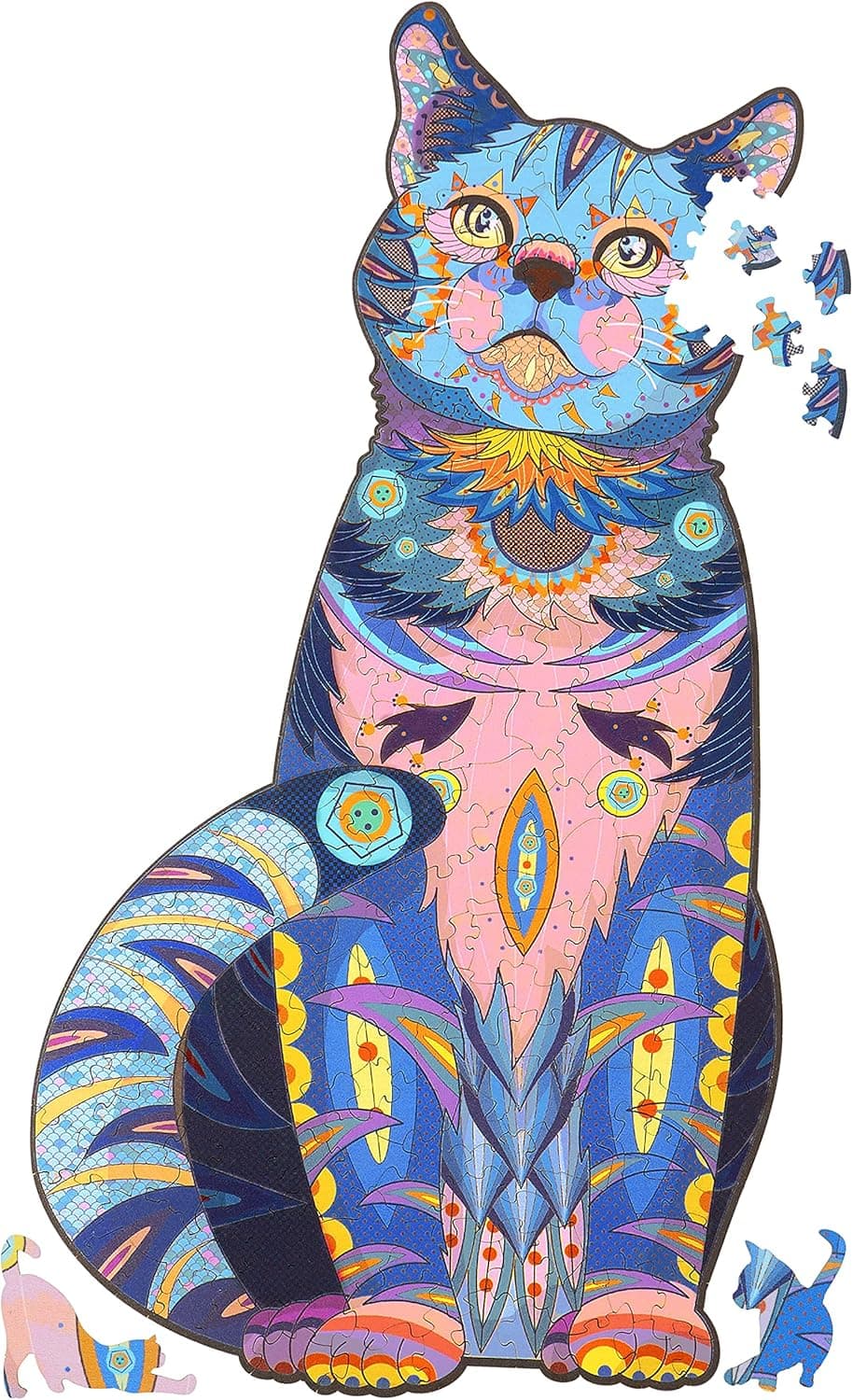 Wooden Puzzles for Adults, Wooden Blue Cat Jigsaw Puzzles with Animal Shaped Pieces, Unique Wood Cat Shape Puzzle for All Ages, Ideal for Challenging and Gift (6.1×11 inches) 100 pcs - S