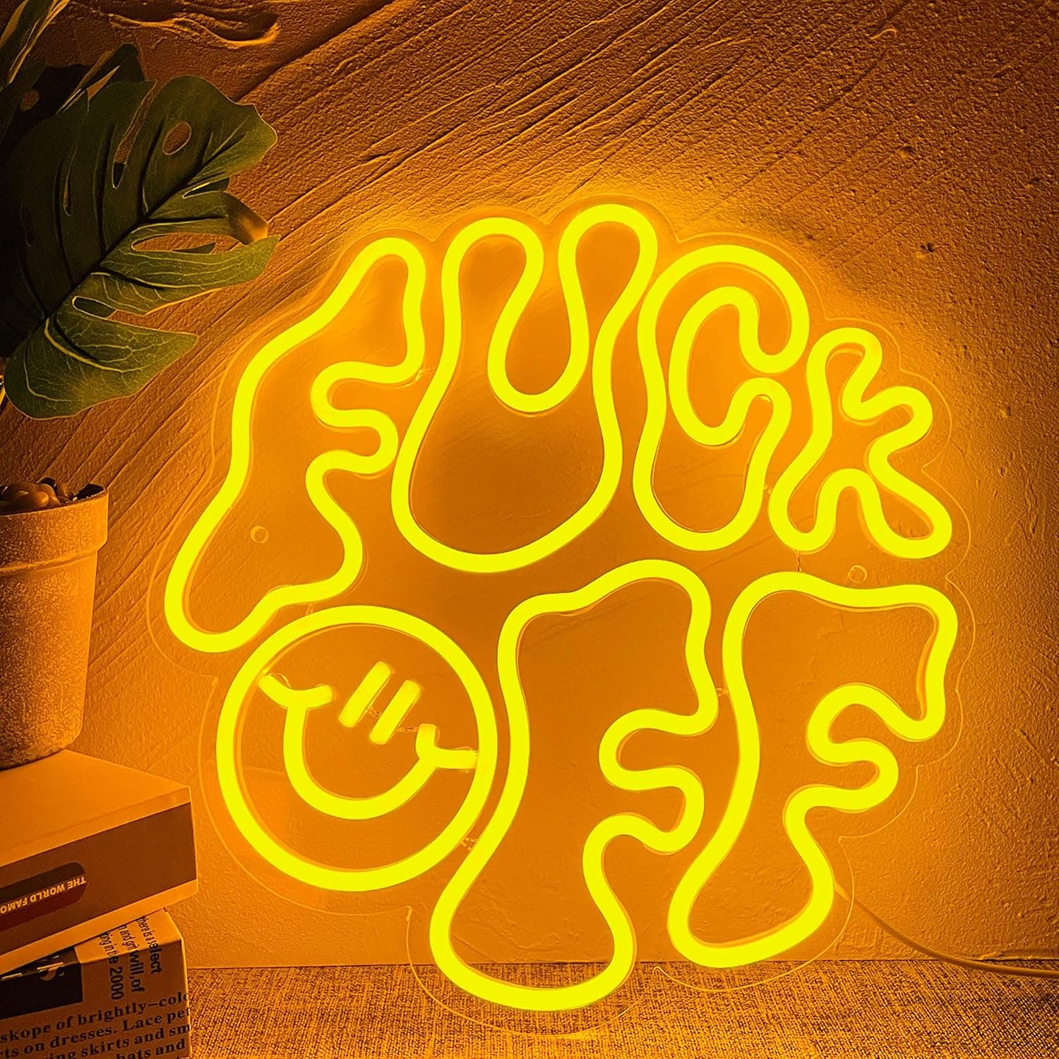 Fuck Off Neon Sign with a Smiling Face Text LED Neon Lights Neon Signs for Wall Decor Room Bar Home Man Cave Decoration Hand Crafted Wall Hangings LED Neon Wall Sign Gift for Christmas Evening Party Holiday (Yellow)