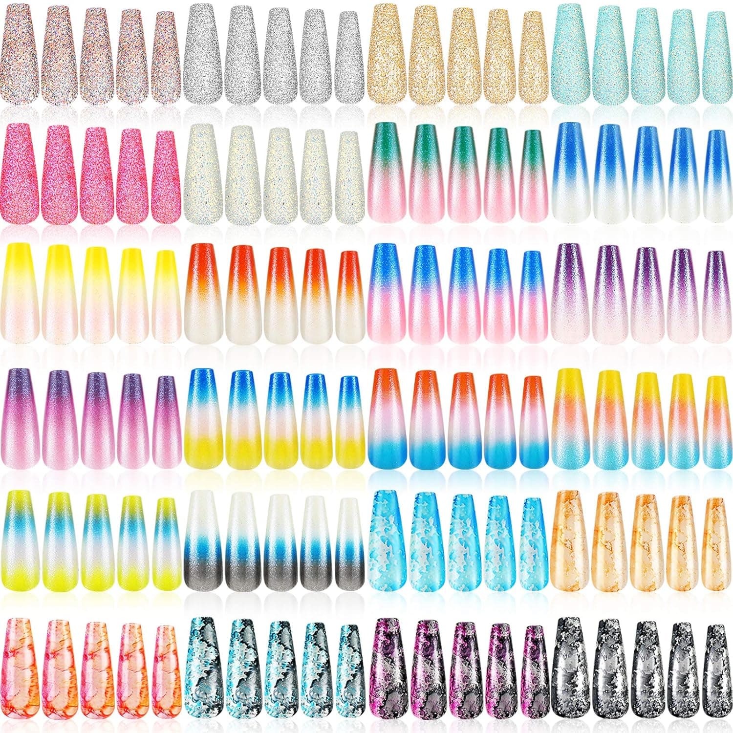576 Pieces Coffin False Nails Extra Long Ballerina Nails Glitter Long Artificial Nail Tips Ballerina ABS Press on Nails Full Cover Stick on Nails Multi-color Nails for Women Girls (Glitter Pattern)
