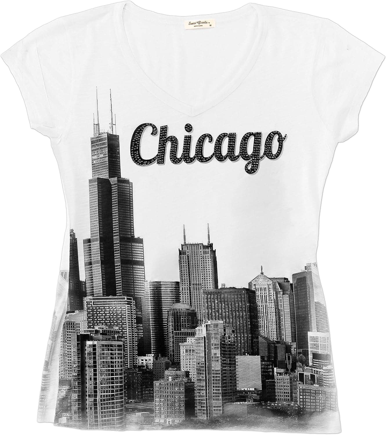Made in USA - Chicago Classic Skyline Womens T Shirt, V Neck top Grey/White, Rhinestone Embellished Design