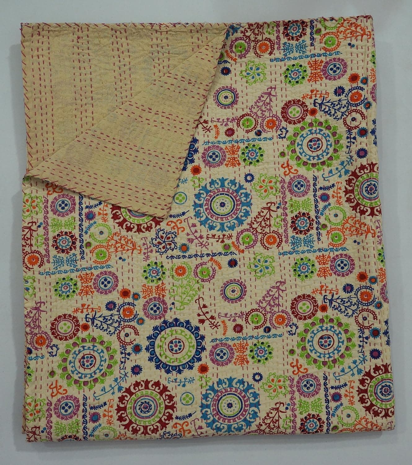 The Ethnic Crafts Beige Floral Print Handmade Suzani Kantha Quilt, Indian Traditional Home Decor Kantha Bed-Cover, Queen Size Blanket