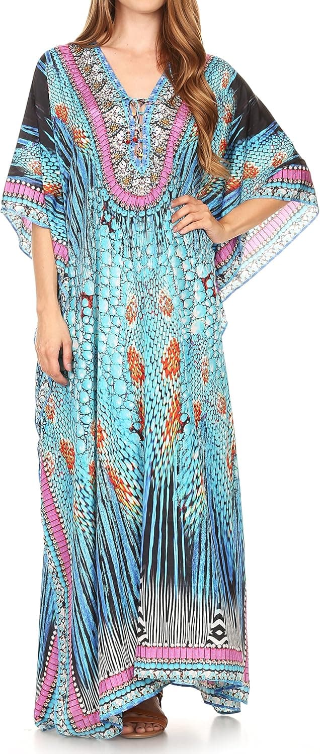 Sakkas Georgettina Flowy Rhinestone V Neck Long Caftan Dress/Cover Up