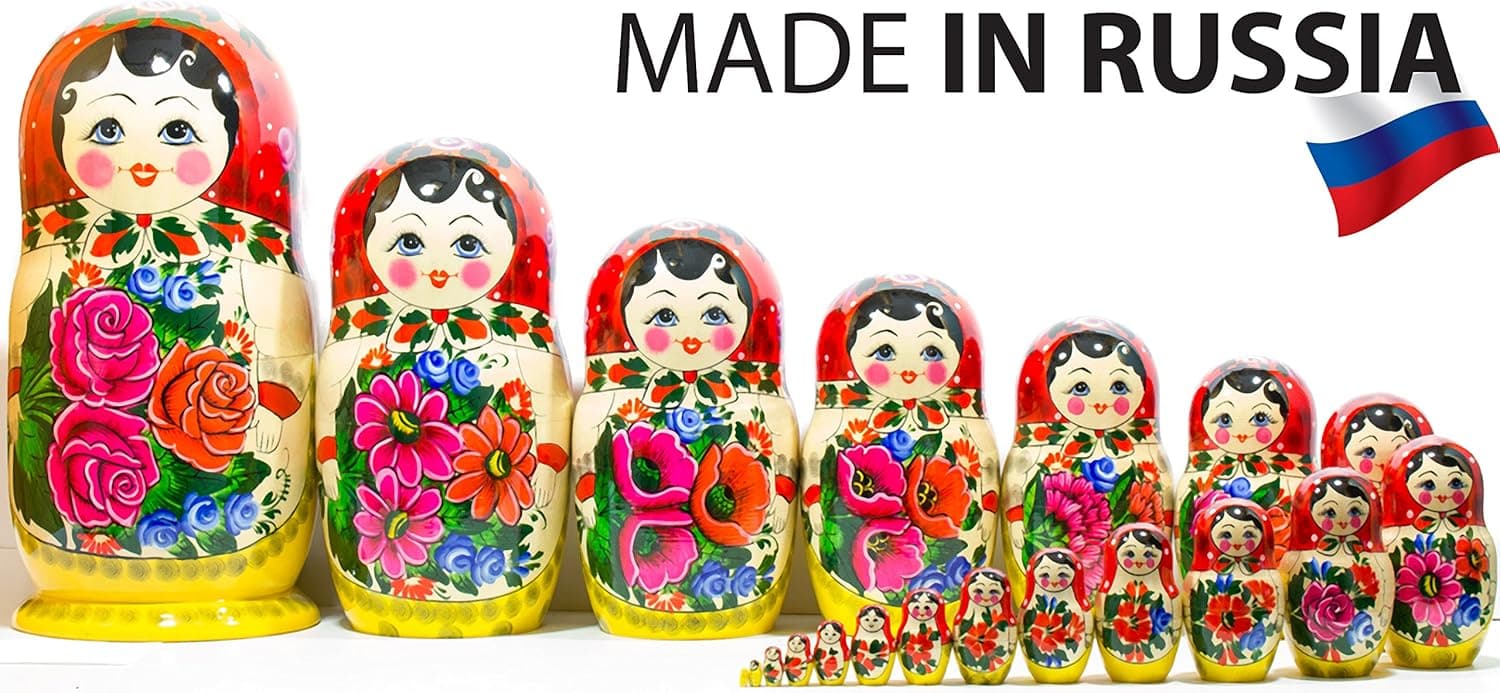 Russian Nesting Doll - Semenovo - Hand Painted in Russia - Traditional Matryoshka Babushka (14``(20 Dolls in 1) Red-Yellow)