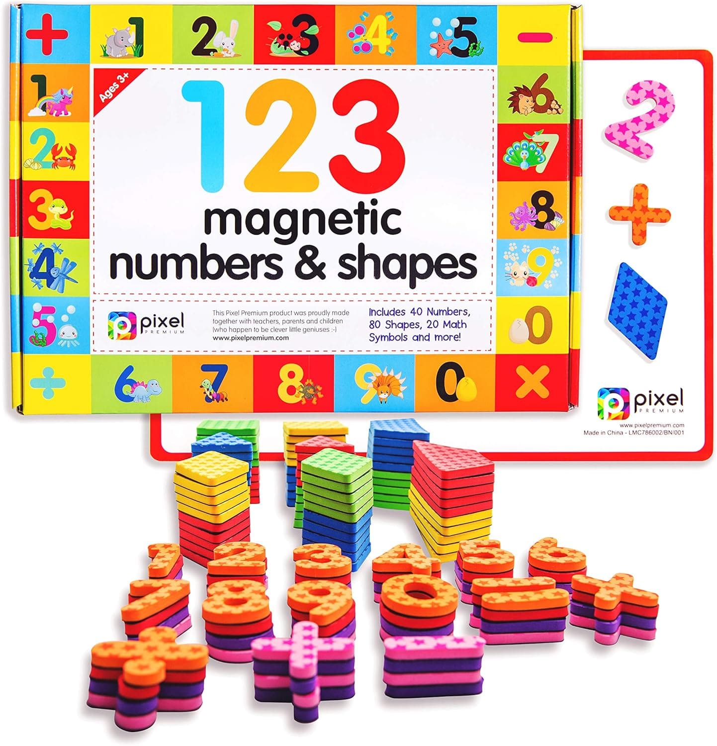 Pixel Premium 123 Magnets - Math Skills Set for Kids Gift Set - 40 Magnetic Numbers, 80 Shapes and 20 Math Problems for Fridge, Dry Erase Magnetic Board and Free e-Book with 40+ Learning & Math Games