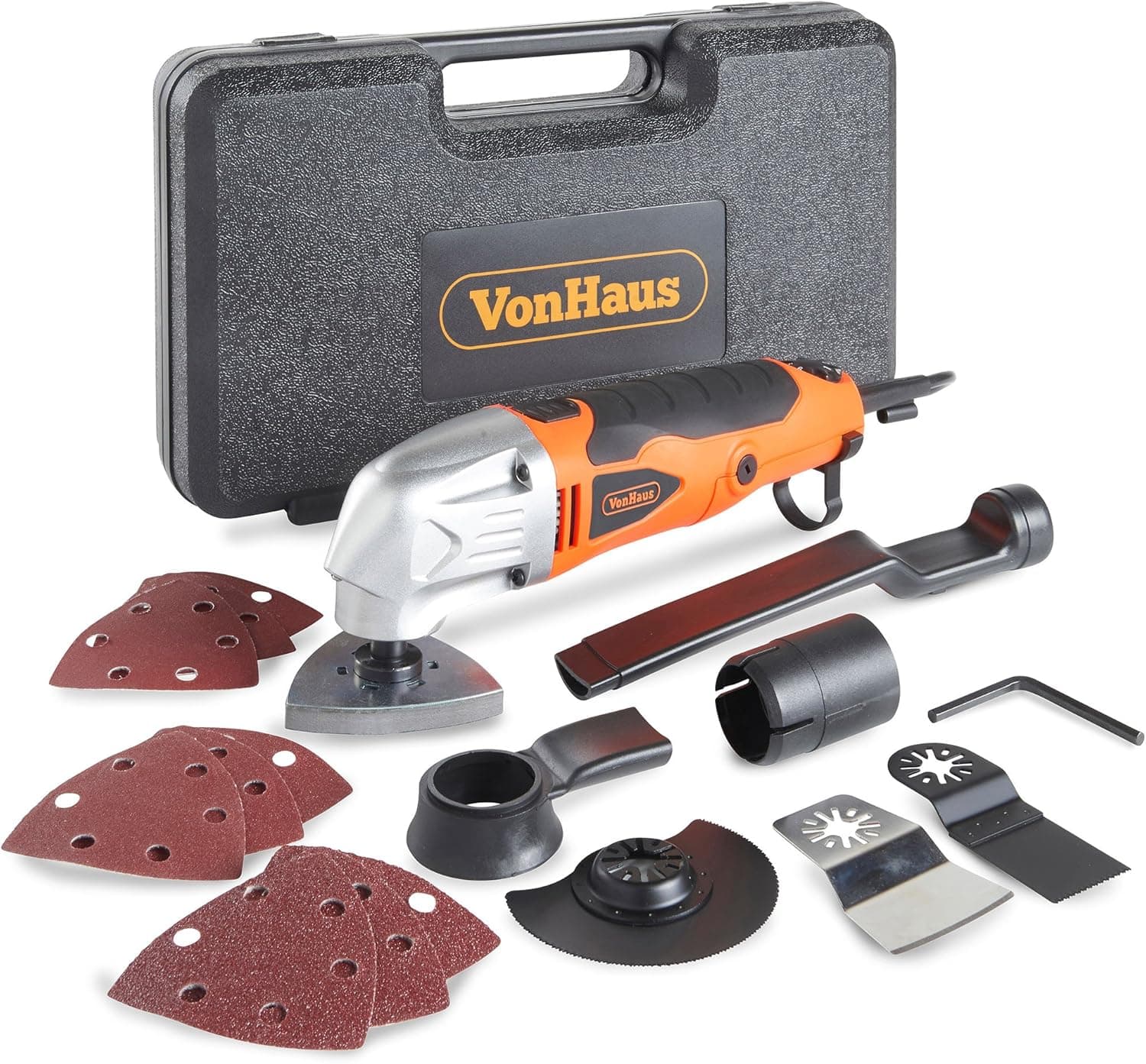 VonHaus 2.3 Amp Corded Multi-Purpose Oscillating Tool with 6 Variable Speeds, 15 Accessories Including Half Moon Saw, E-Cut Blade, 9 Sanding Paper Pads and Carry Storage Case