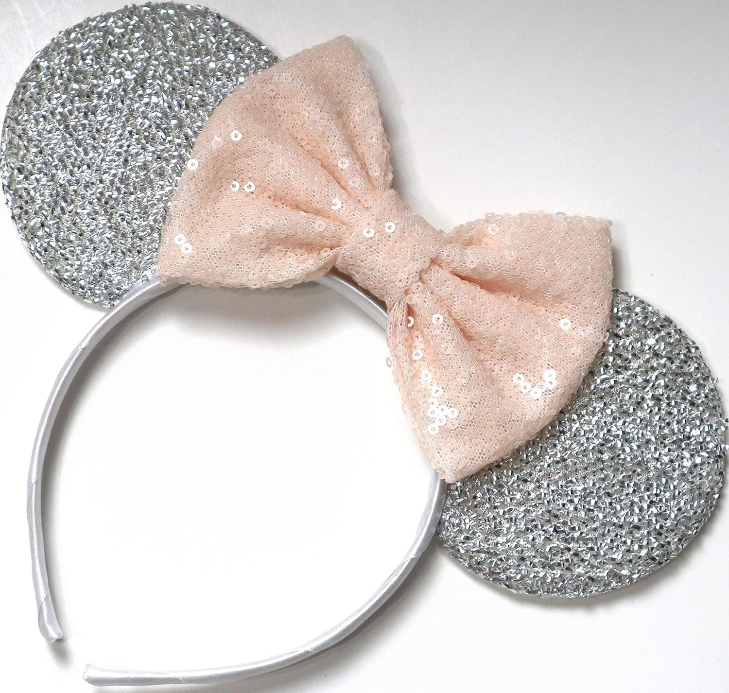 CLGIFT Beige Minnie Ears, Ivory Cream Minnie Ears, Silver White Minnie Ears, Mouse Ears,Classic Silver Mickey Ears (Silver)