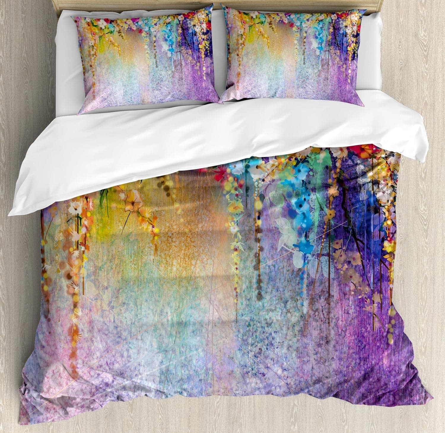 Ambesonne Flower Duvet Cover Set, Abstract Herbs Alternative Medicine Blossoms Ivy Back Florets Shrubs Design, Decorative 3 Piece Bedding Set with 2 Pillow Shams, Queen Size, Blue Purple