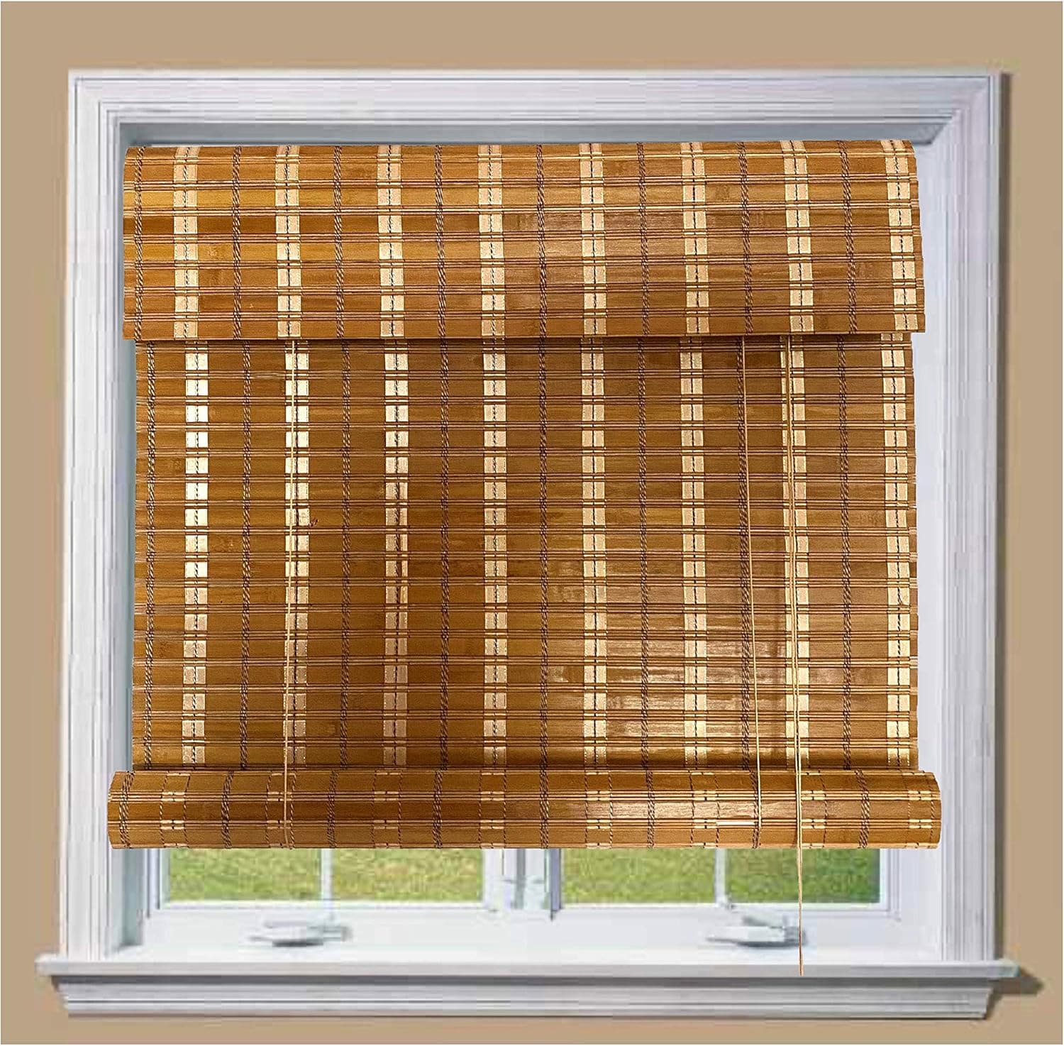 THY COLLECTIBLE Bamboo Roll Up Window Blind Sun Shade, Light Filtering Roller Shades with 8-Inch Valance - Tan Colored Bamboo (44" x 64")