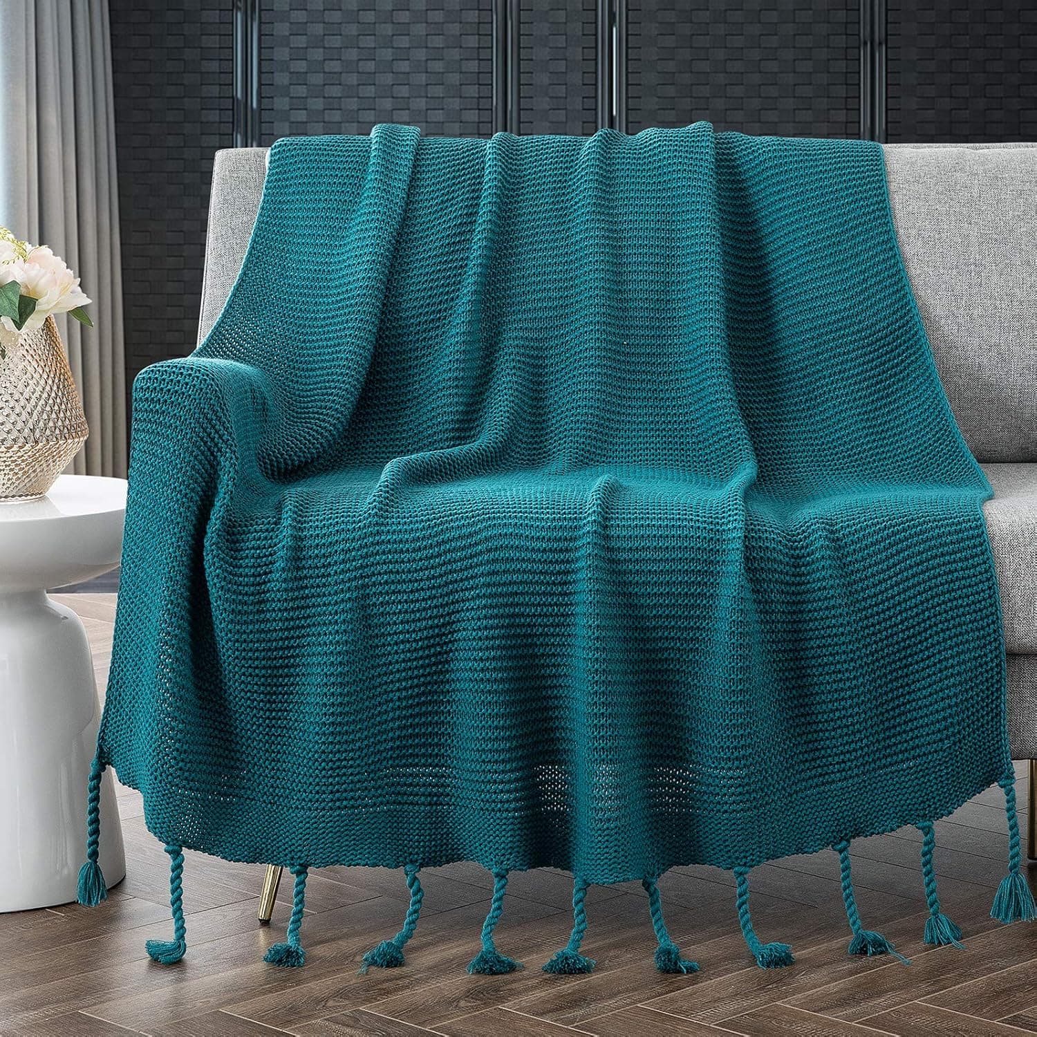 RUDONG M Knitted Throw Blanket with Fringe, Teal Knit Throw Blanket for Couch Bed Sofa 50" x 60"