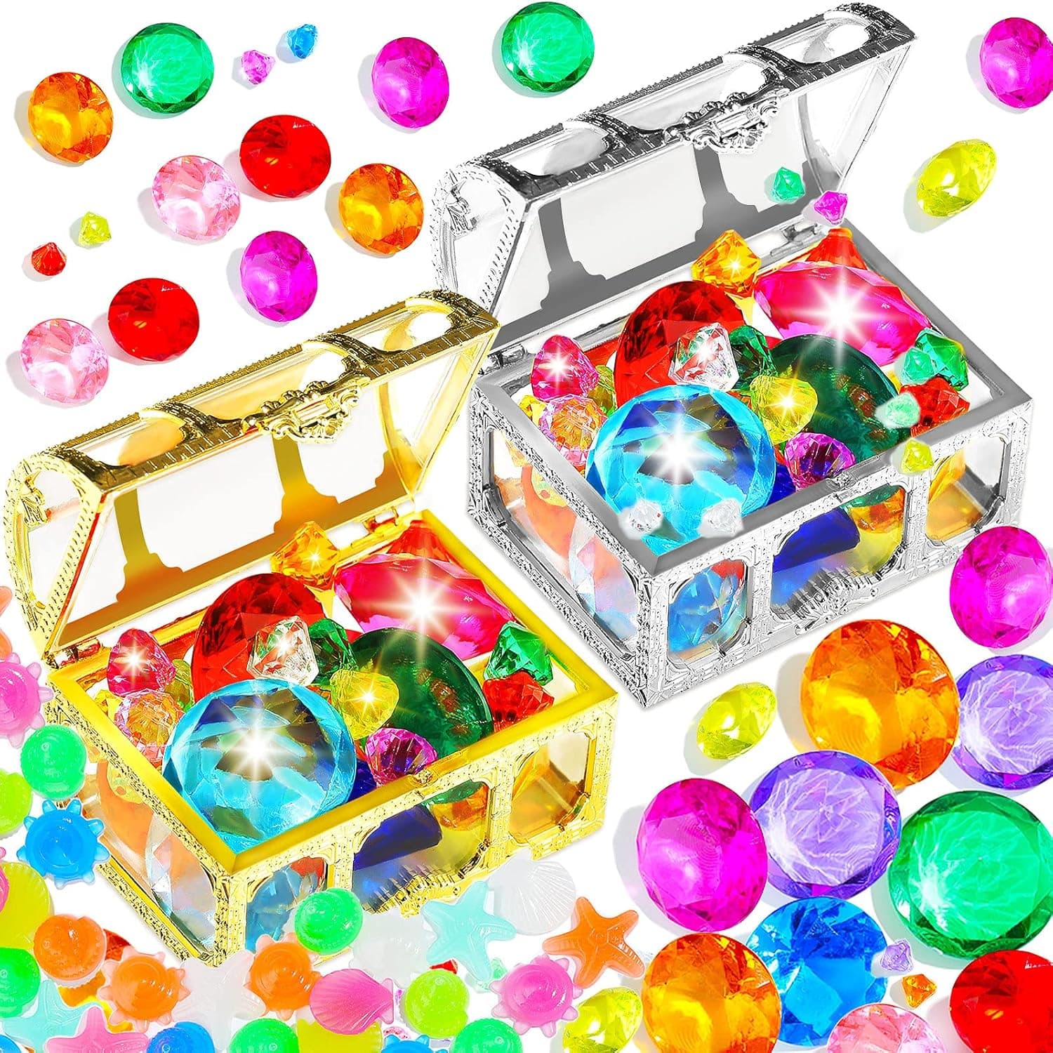 40 Pieces Diving Gems Pool Toys Summer Colorful Acrylic Gemstones Mini Diving Toy Set with 2 Pieces Treasure Chests Pirate Boxes for Boy Girl Summer Swimming Pool Underwater Toy (Gold, Silver)