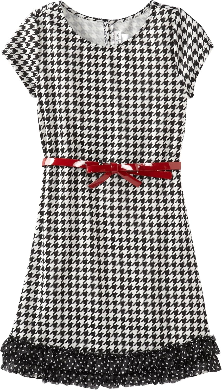 Sweet Heart Rose Big Girls' Short Sleeve Houndtooth Dress with Belt
