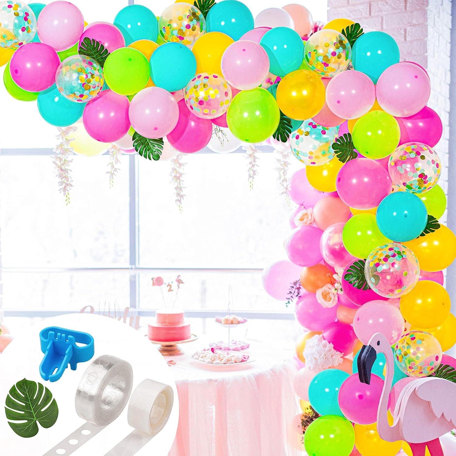 Whaline Tropical Hawaii Balloon Arch Garland Kit, 110 Pieces Multicolor Latex and Confetti Balloons, 10 Palm Leaves, 16ft Balloon Strip Tape, 1pcs Tying Tool and 100 Glue Point for Wedding Birthday Party Decor