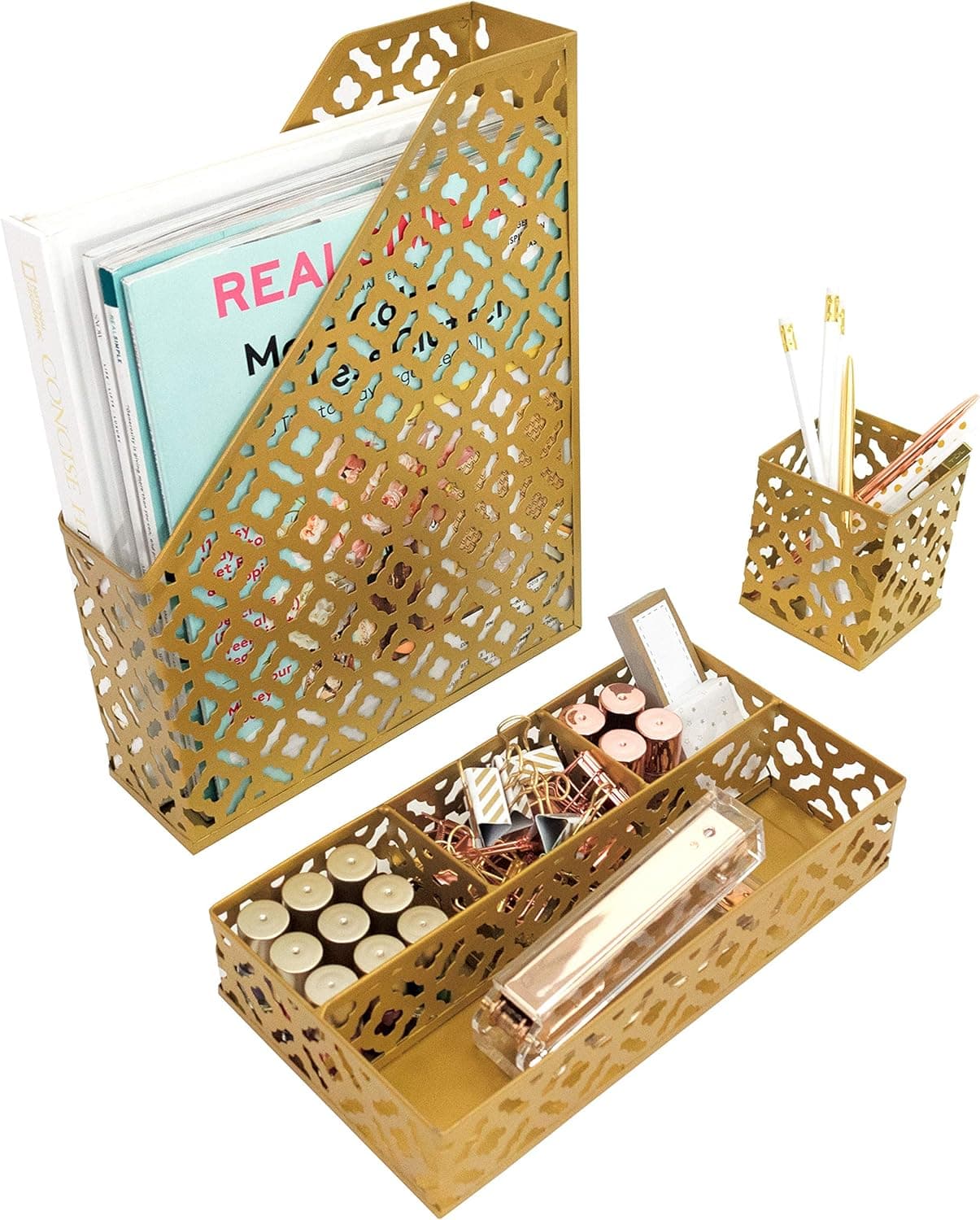 Blu Monaco Gold Desk Organizer for Women - 3 Piece Desk Accessories Set - Pen Cup, Magazine-File-Mail Holder, and Accessories Tray - Antique Gold Brass Finish Office Supplies Stationery Decor