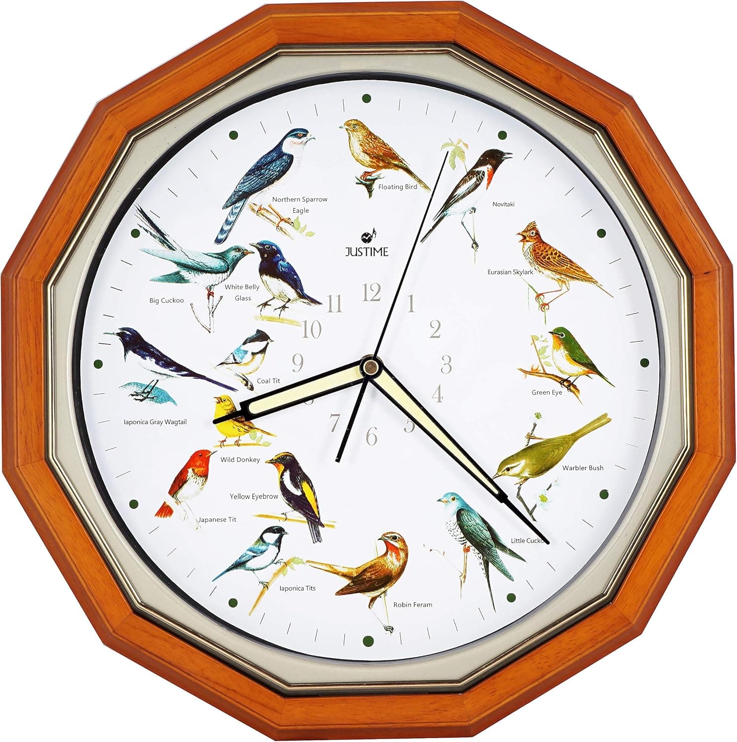 JUSTIME Plays 16 Popular Bird's Songs Triple Chime Music 14-inch Dodecagon Solid Wood Wall Clock Home Deco Multicolor - TCBD060