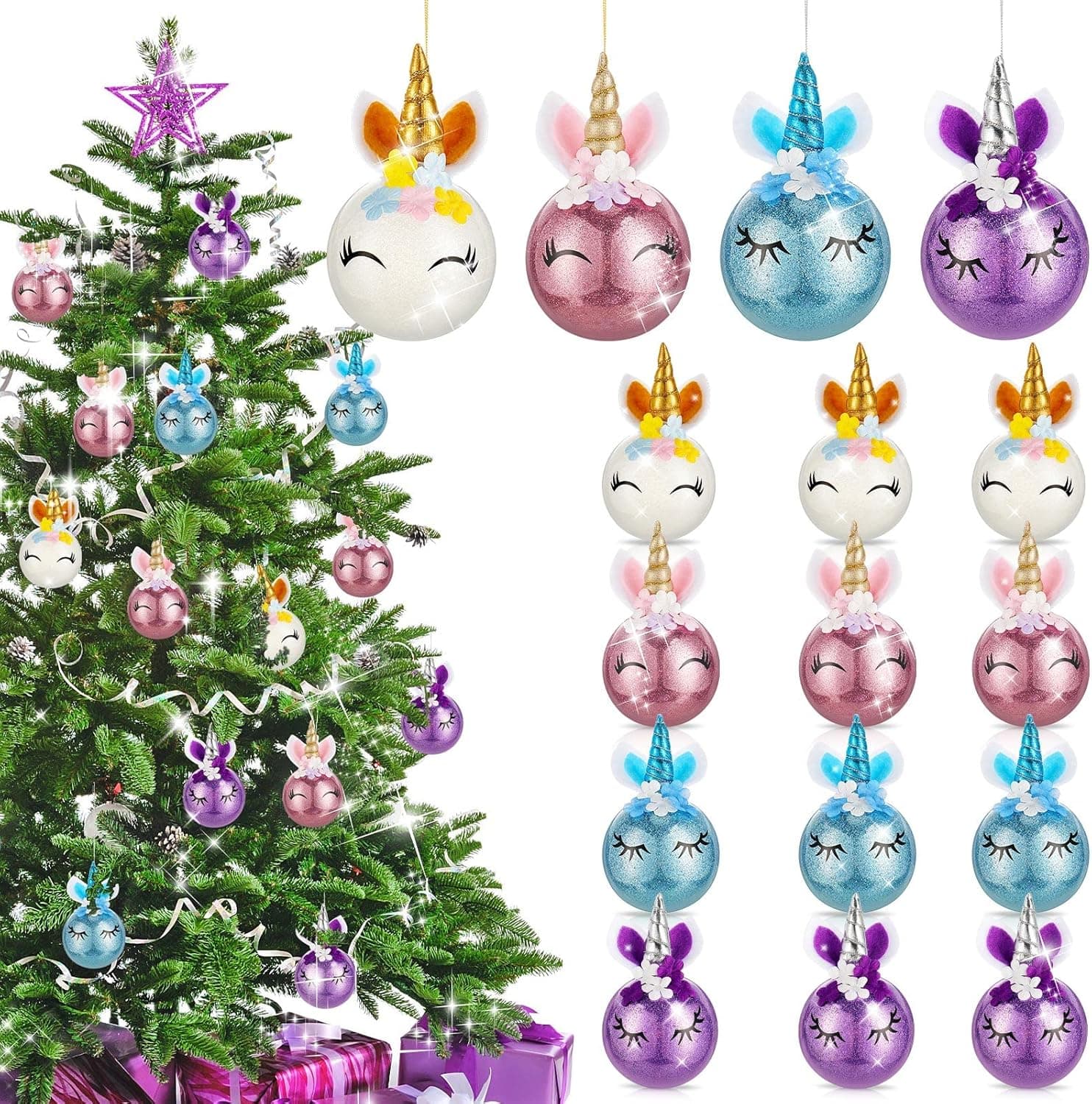 Charniol 12 Pcs Christmas Unicorn Ornaments Christmas Tree Hanging Decorations Multicolored Unicorn Balls for Unicorn Birthday Xmas Holiday Party Supplies