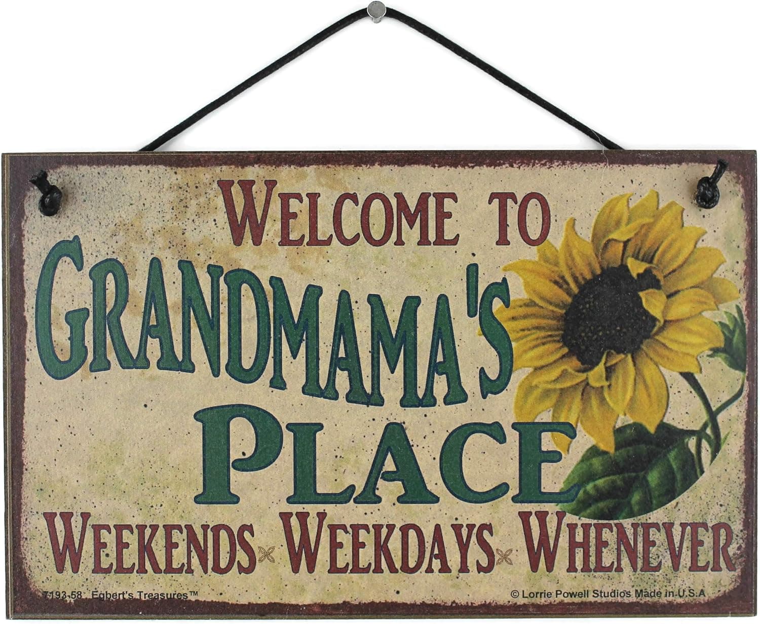 5x8 Vintage Style Sign with Sunflower Saying,"Welcome to GRANDMAMA'S PLACE Weekends, Weekdays, Whenever" Decorative Fun Universal Household Signs from Egbert's Treasures