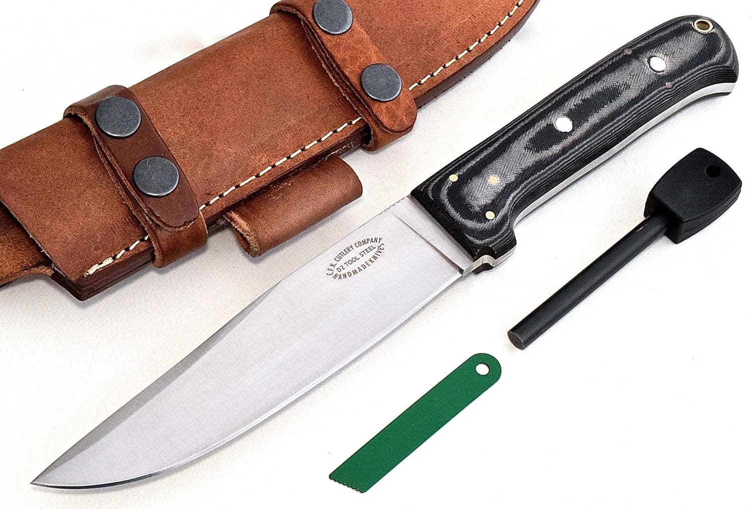 CFK Cutlery Company USA - Trail BOSS II - Custom Handmade D2 Tool Steel Camo Micarta Large Bushcraft Convex-Flat Grind Hunting Skinning Knife with Leather Sheath & Fire Starter Rod Set CFK39