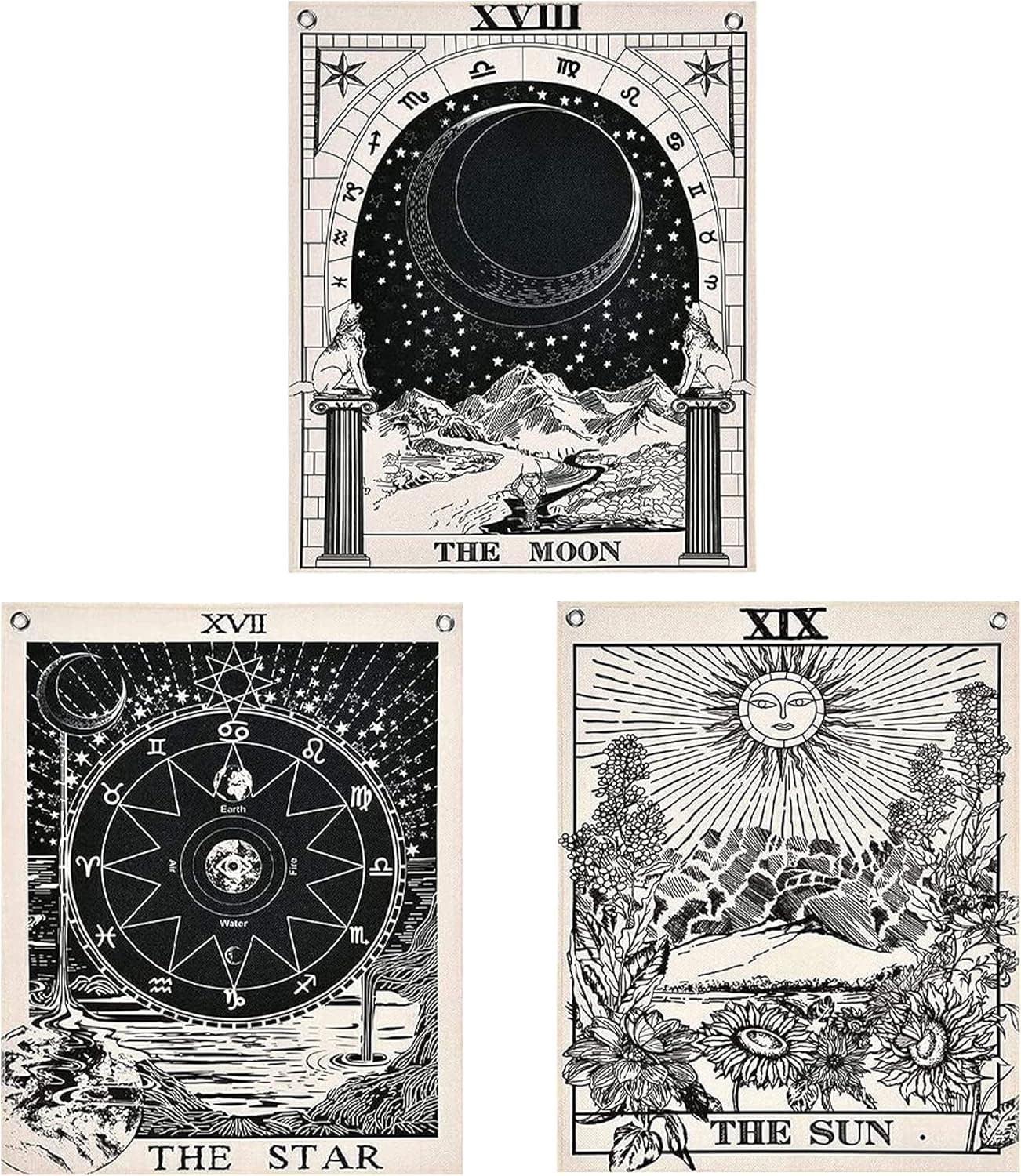 Tarot Card Tapestry Bedroom Aesthetic Sun Moon Tapestry Small Mini Bohemian Wall Tapestry Wall Hanging Colorful Large Tapestry astrology witch hippie room decor witchy Spiritual Tapestry Indie (Poster (20x16 In), Black & White)