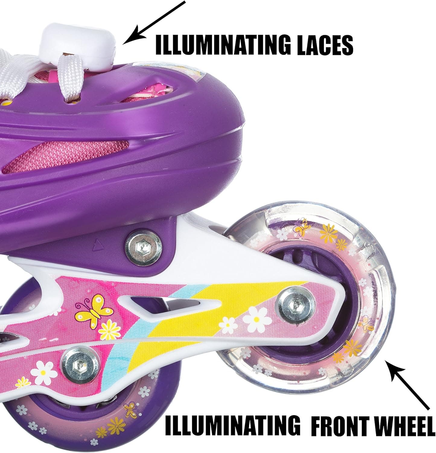 Titan Flower Princess Girls Inline Skates with LED Light-up Front Wheel and LED Laces, Multiple Size and Color Options