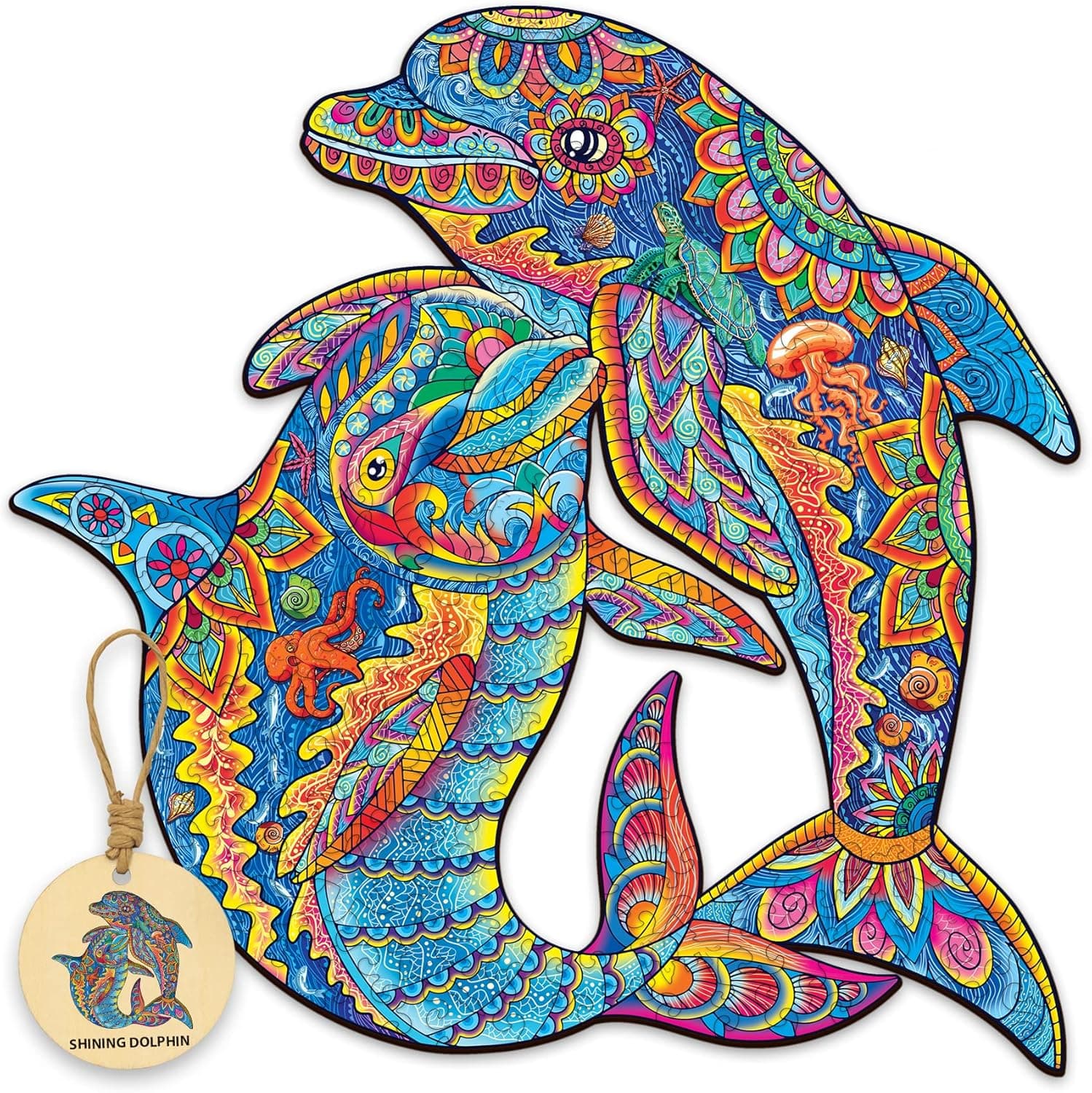 DEPLEE Wooden Jigsaw Puzzles for Adults, Dolphin Wooden Jigsaw Puzzles, 241 Pcs– 15.6 x 15.6 in (39.6x39.6 cm) Unique Shape Wooden Animal Puzzle Creative Challenge for Adults, Family, Friend | King
