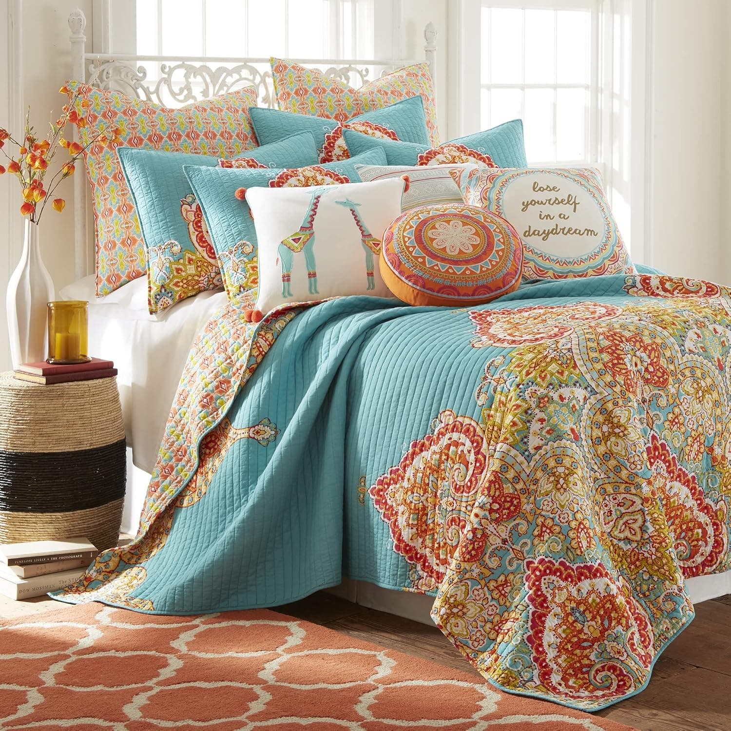 Levtex Home Mariska King Cotton Quilt Set w/Standard Shams, Multi,Teal,Red, Damask