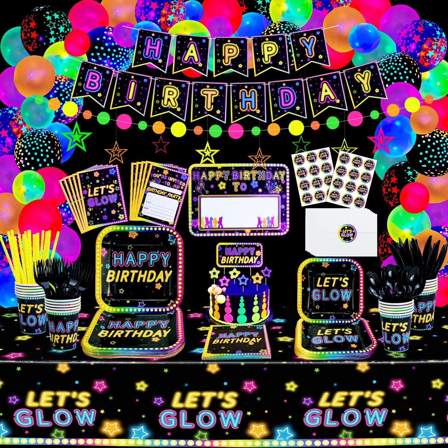322 PCS Glow Neon Party Tableware Supplies - Neon Balloons, Glow in the Dark Banner, Garlands, Invitation Cards, Tablecloth, Plates and Cups for Blacklight Neon Party Decorations, Serve 20 Guests
